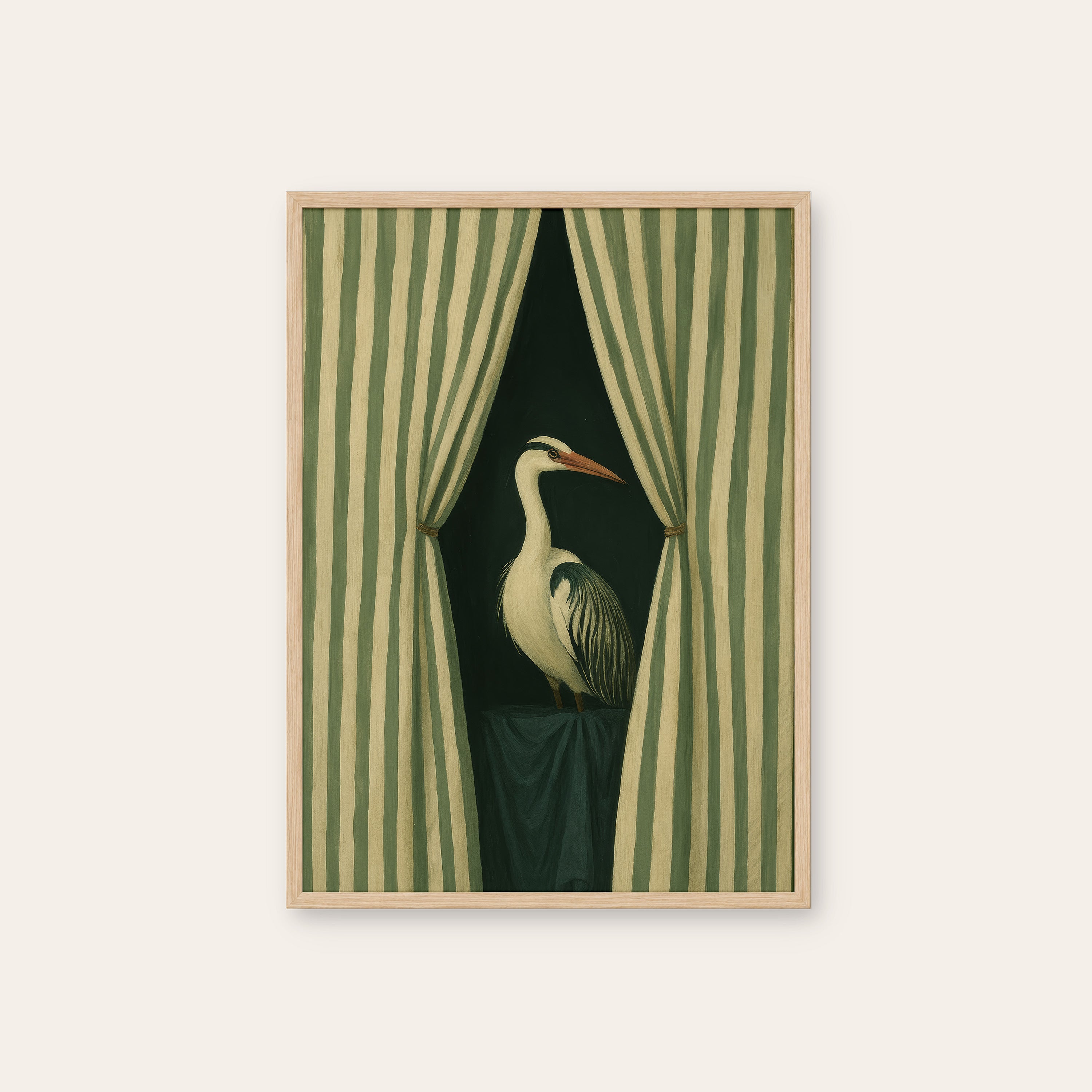 Stage Left Heron — Curtain Print – natural wood frame