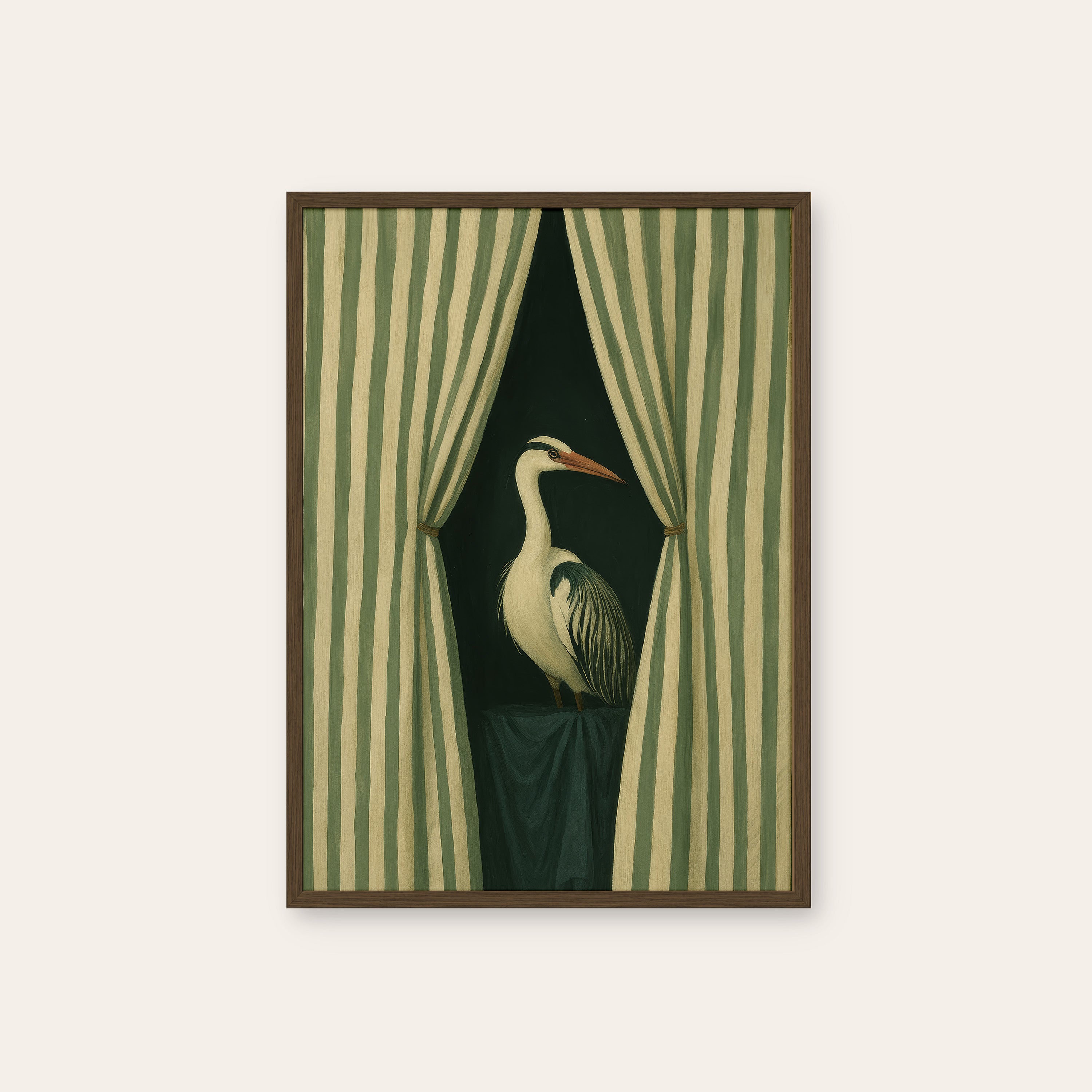 Stage Left Heron — Curtain Print – dark wood frame