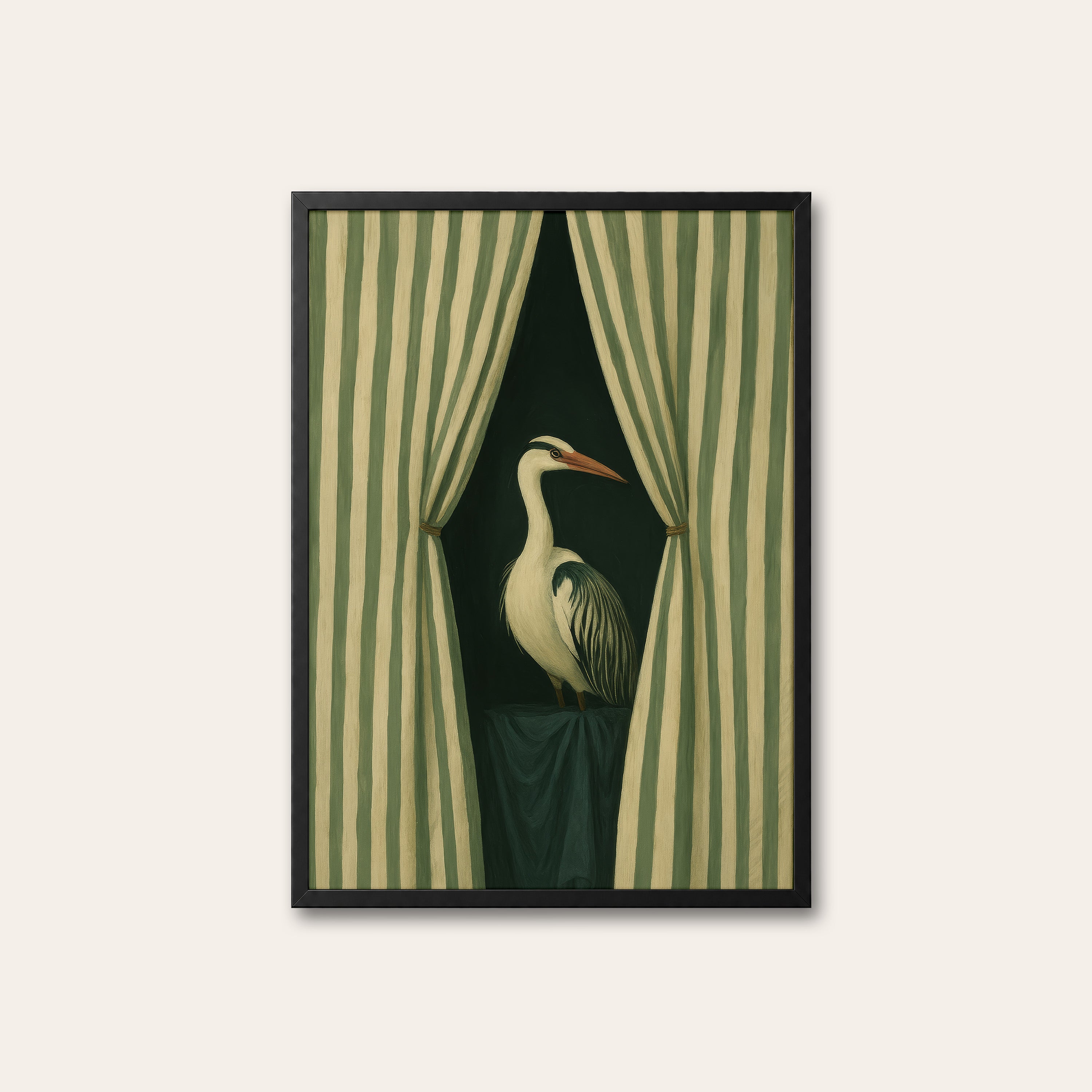 Stage Left Heron — Curtain Print – black frame