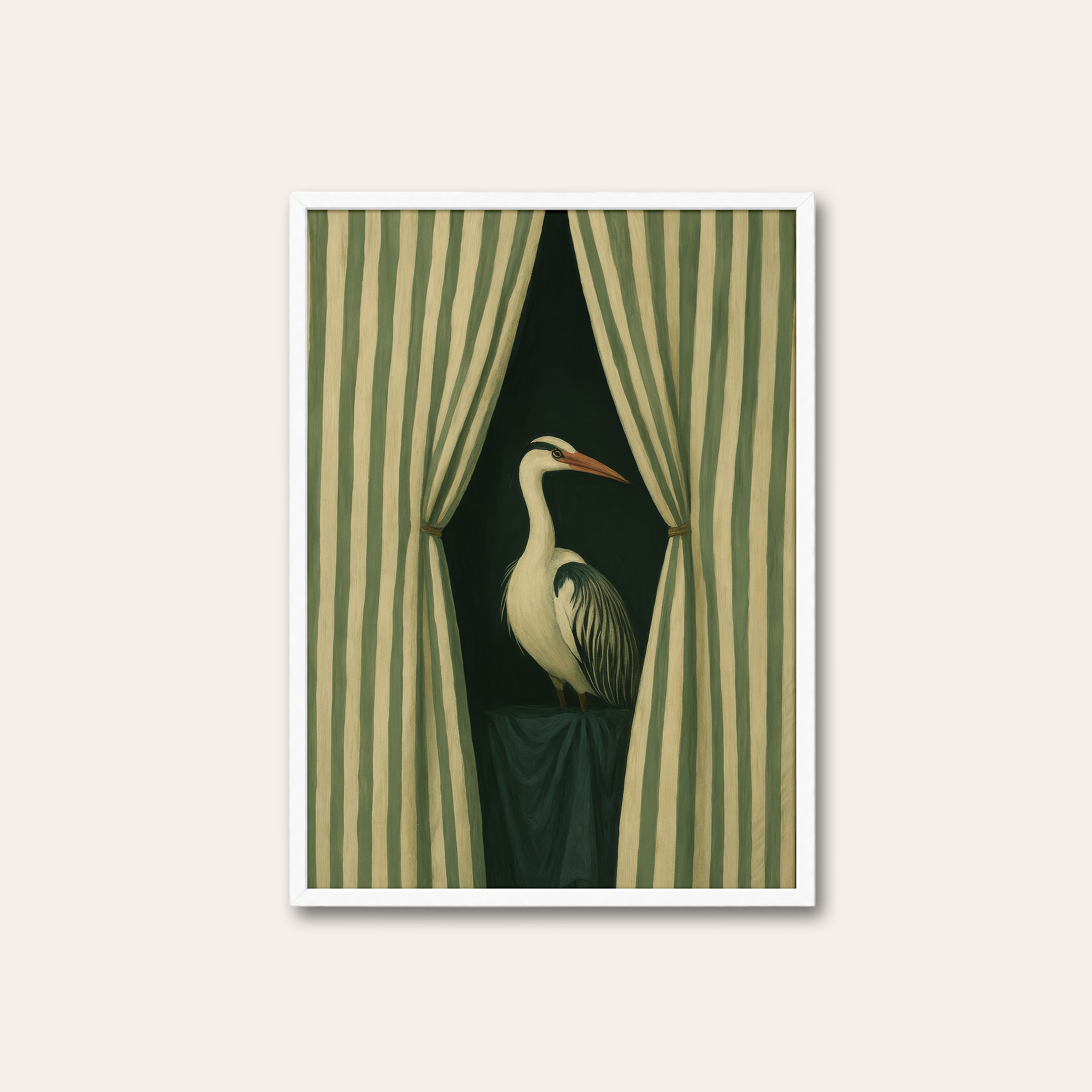 Stage Left Heron — Curtain Print – white frame