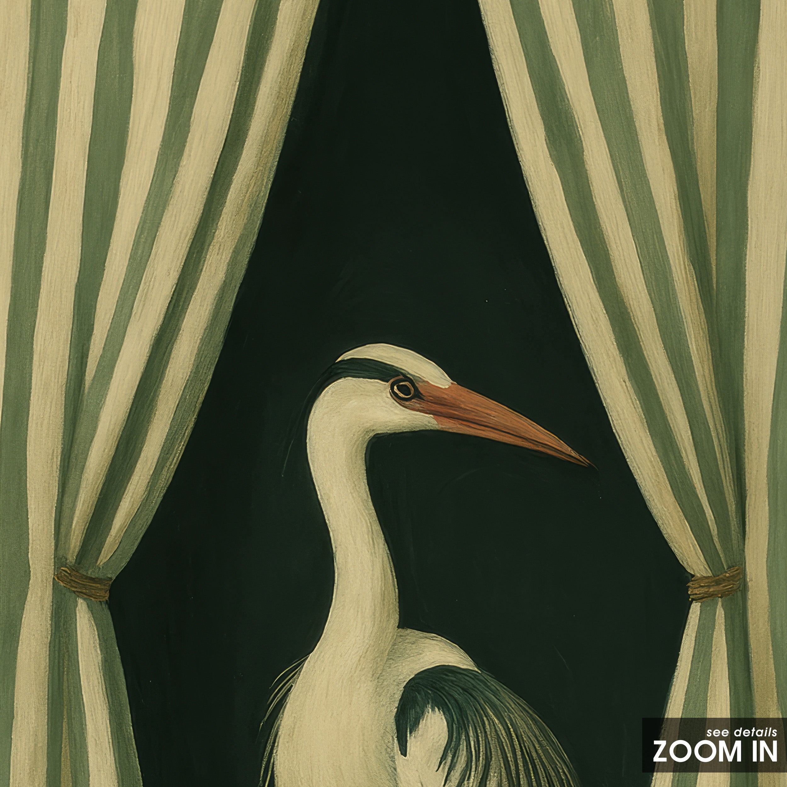 Stage Left Heron — Curtain Print – in room setting