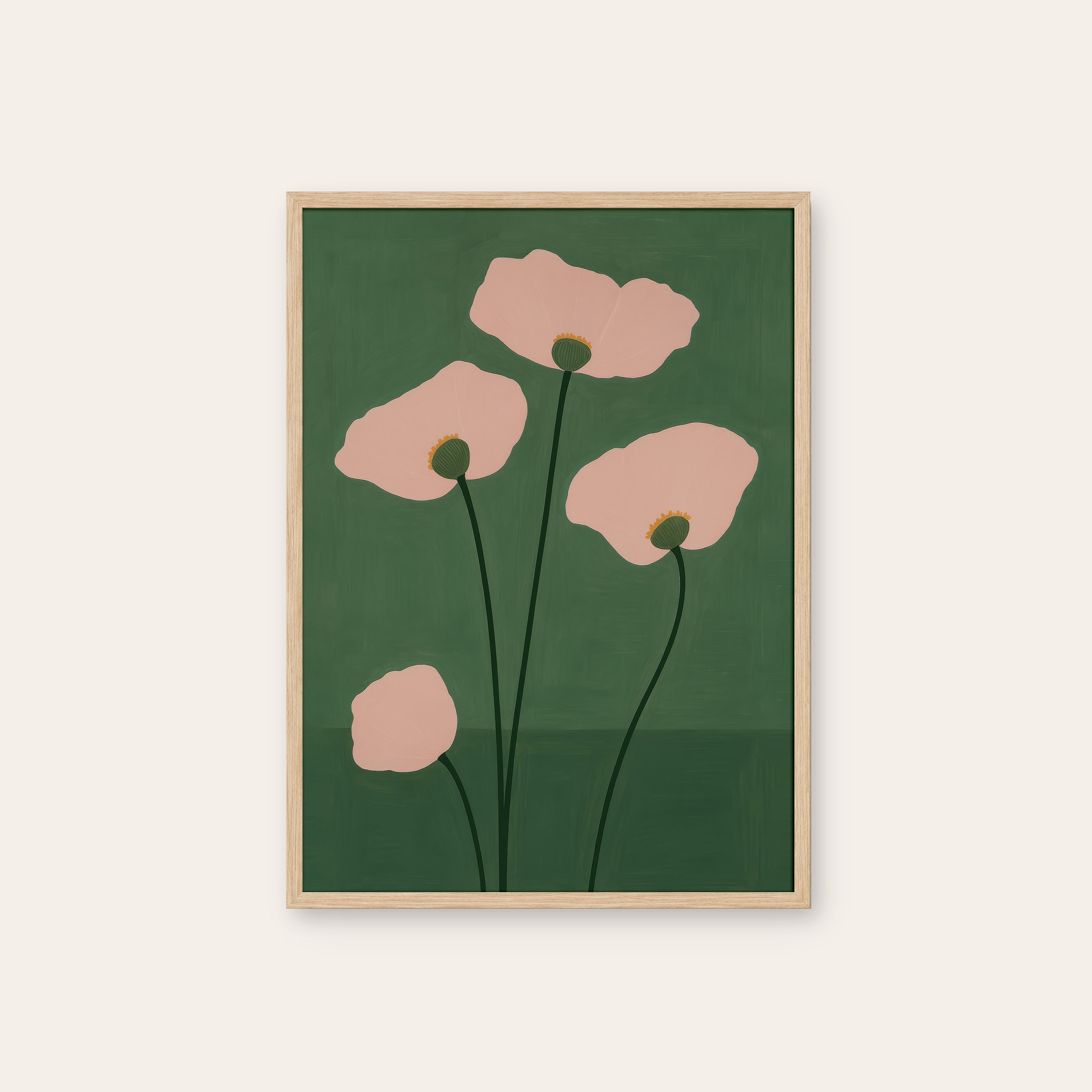 Two Poppies — Evening Bloom Print – natural wood frame