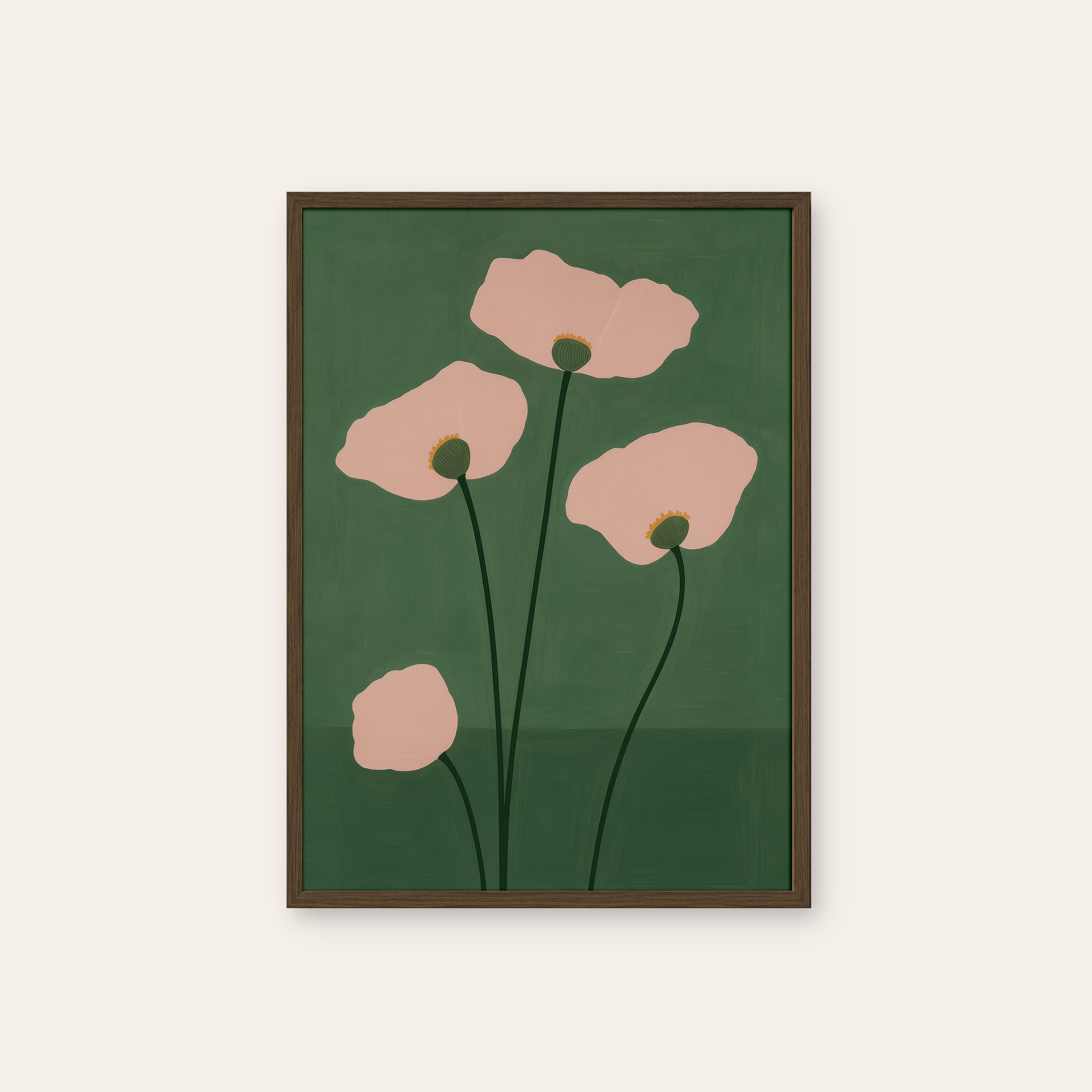 Two Poppies — Evening Bloom Print – dark wood frame