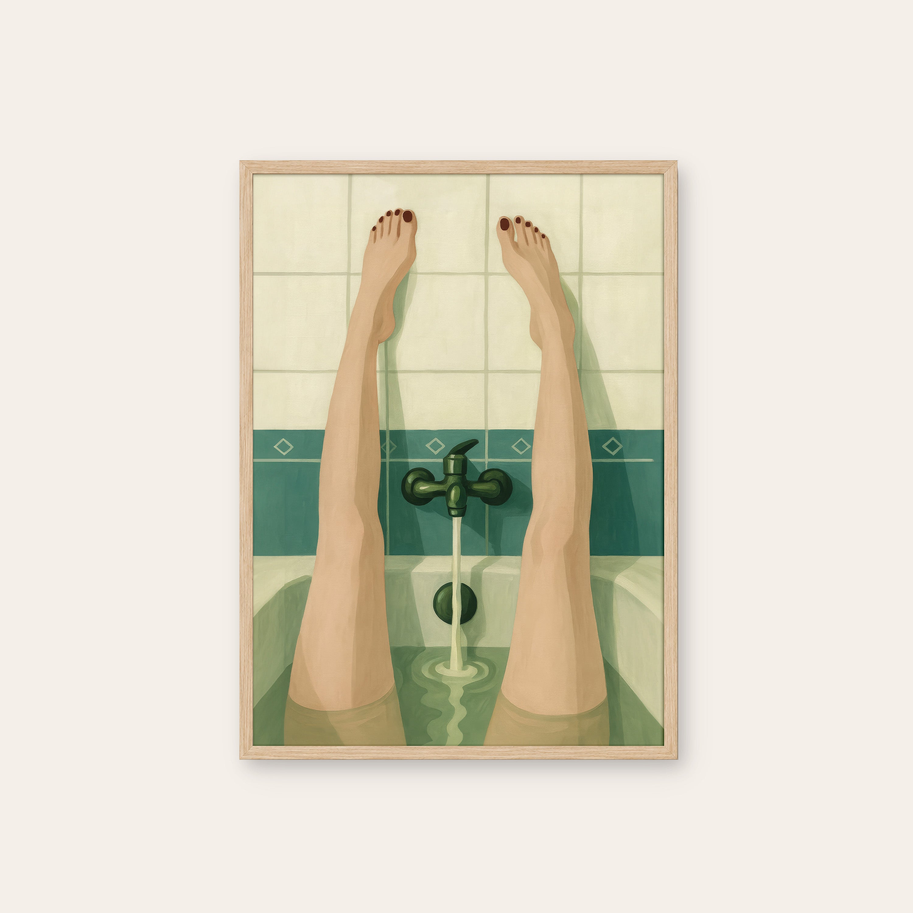 Bath Hour — Green Tile Print – natural wood frame
