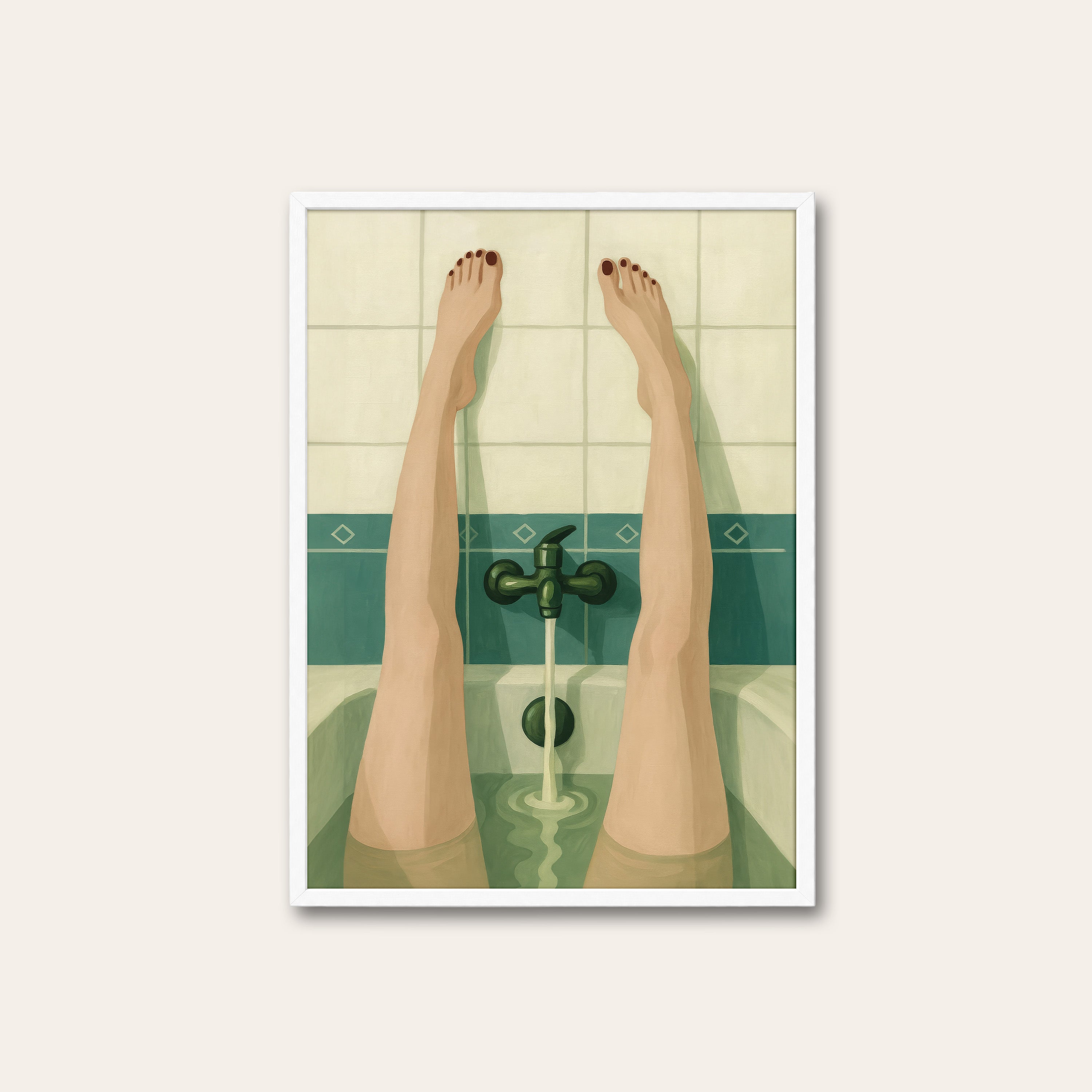 Bath Hour — Green Tile Print – white frame