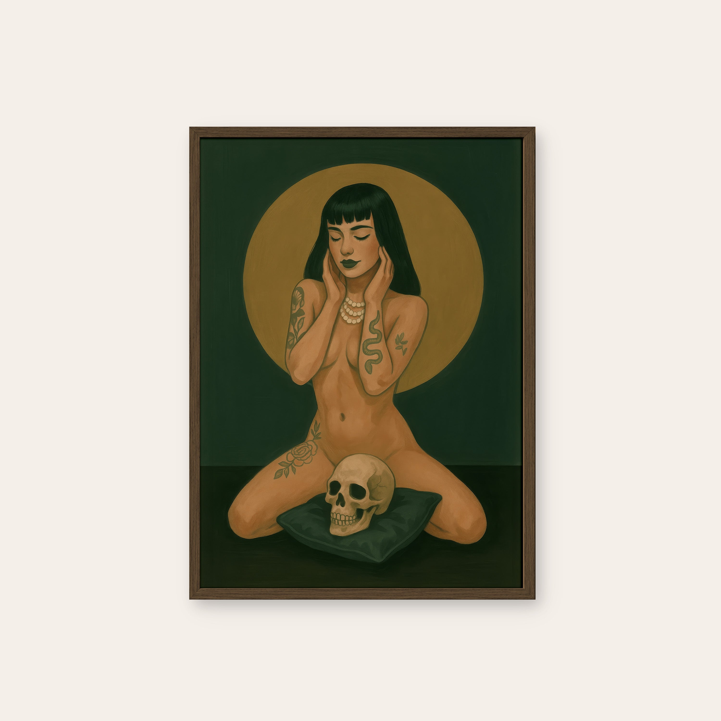Halo & Skull — Tattooed Muse Print – dark wood frame
