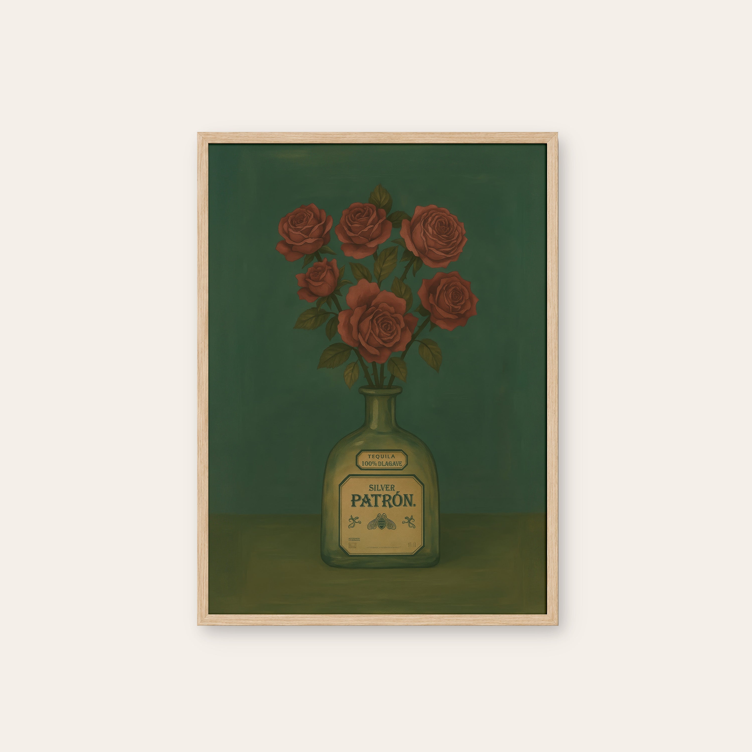 Roses in the Bottle — Still Life Print – natural wood frame
