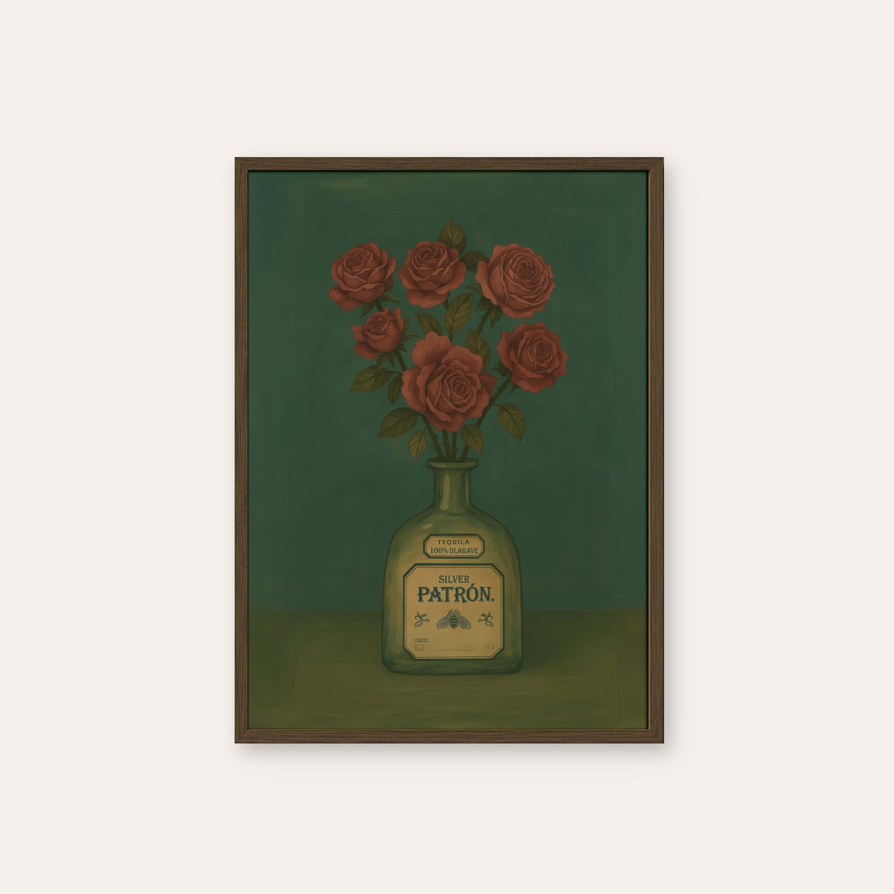 Roses in the Bottle — Still Life Print – dark wood frame