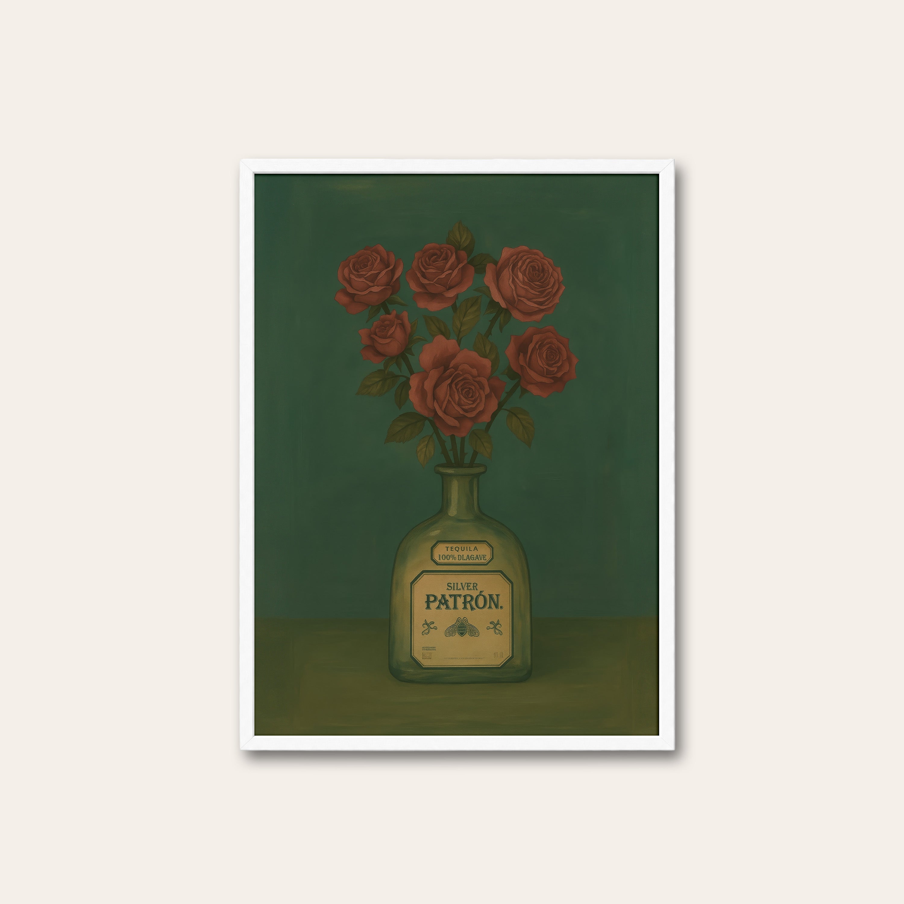 Roses in the Bottle — Still Life Print – white frame