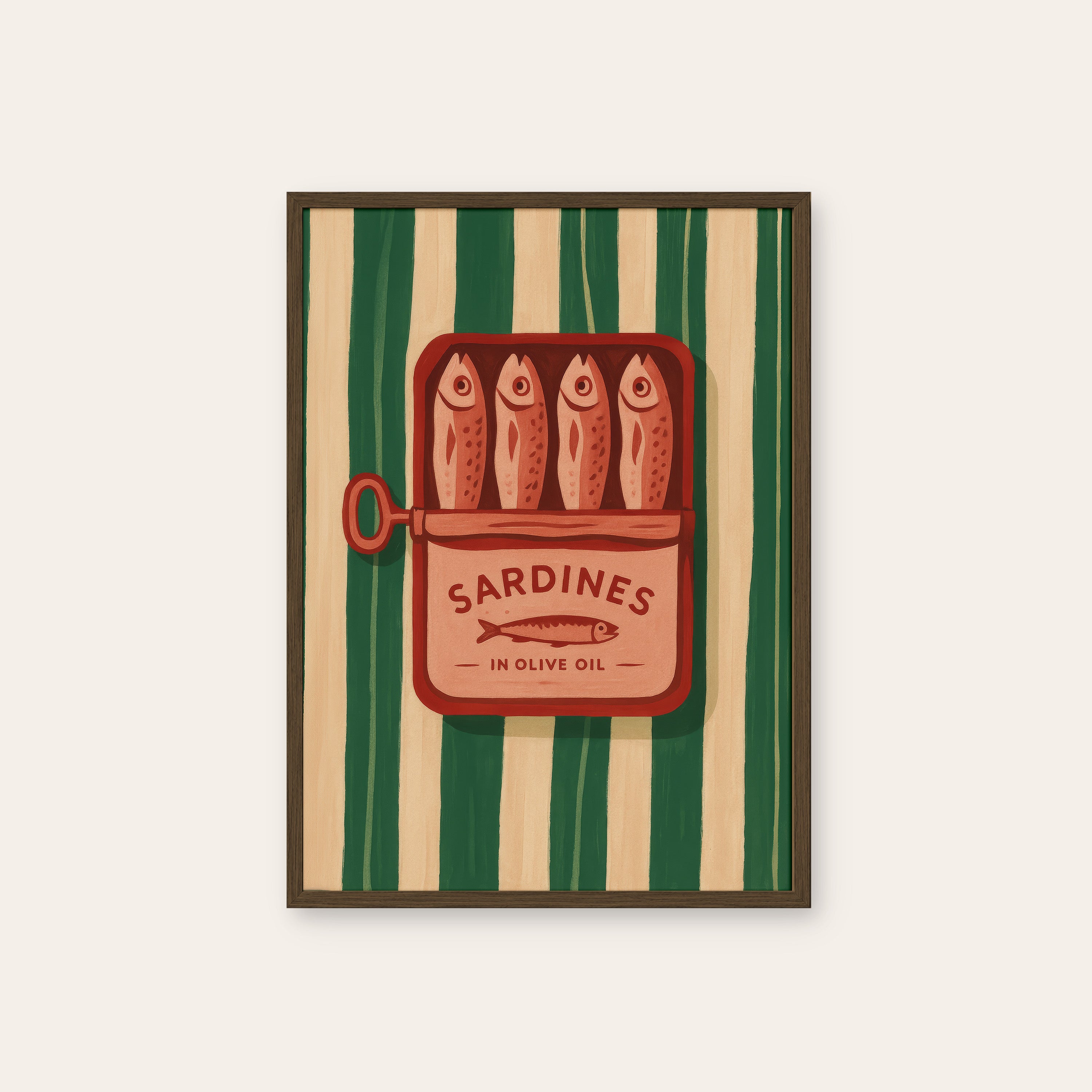 Tinned Treasure — Sardine Art Print – dark wood frame