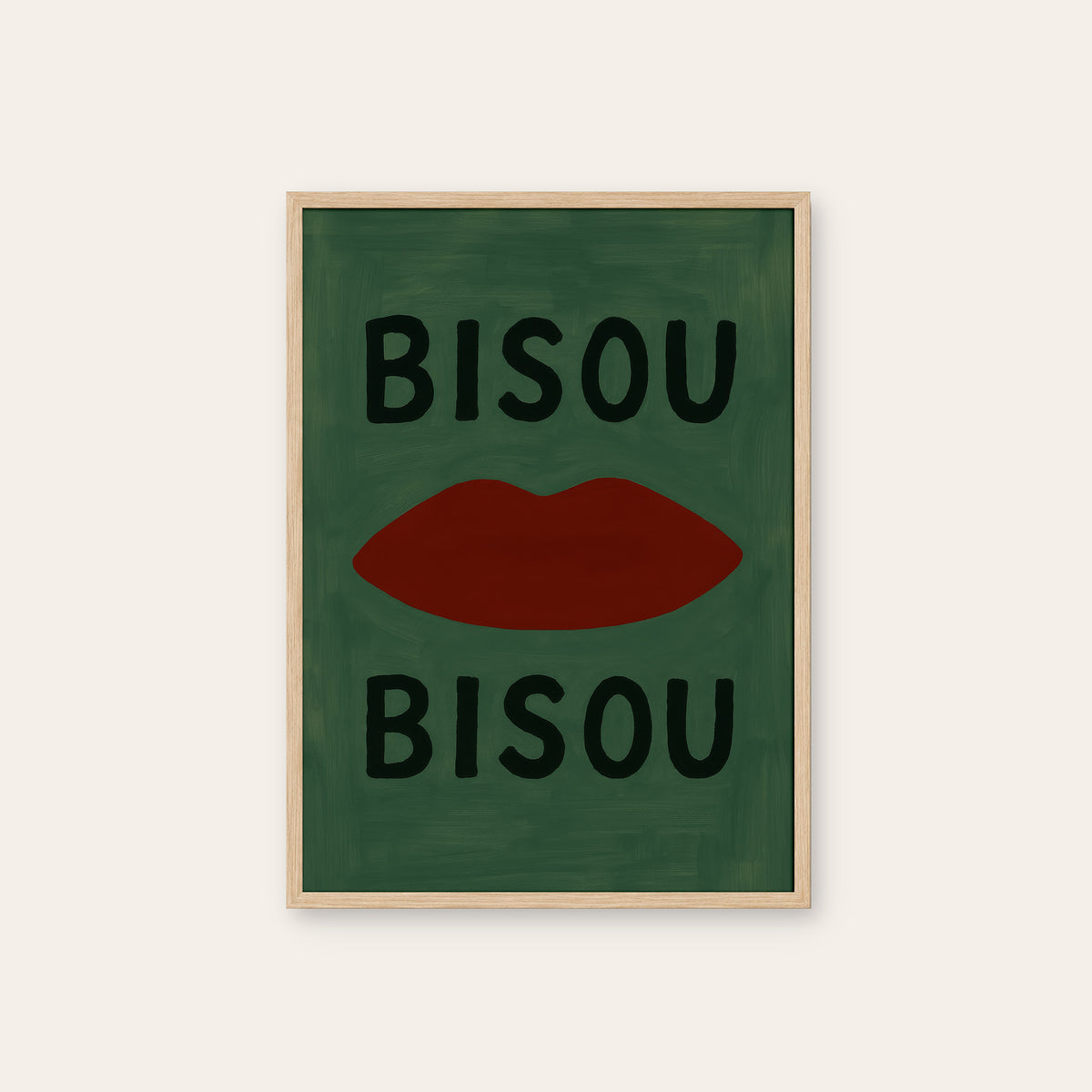 Bisou Bisou - Red Lips Print - natural wood frame