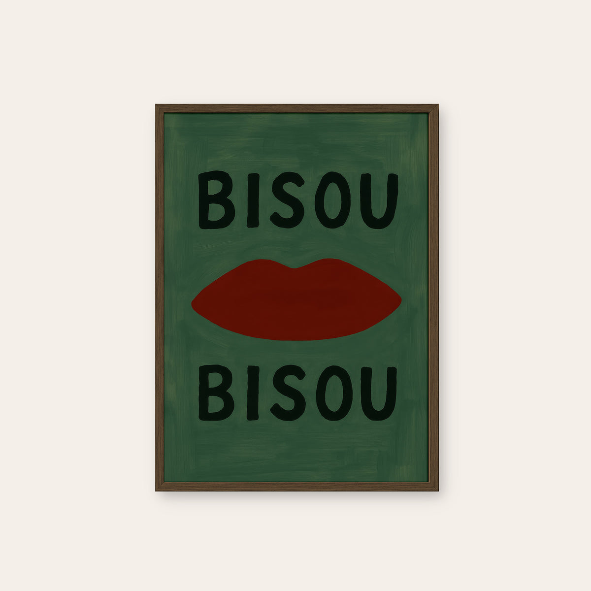 Bisou Bisou - Red Lips Print - dark wood frame