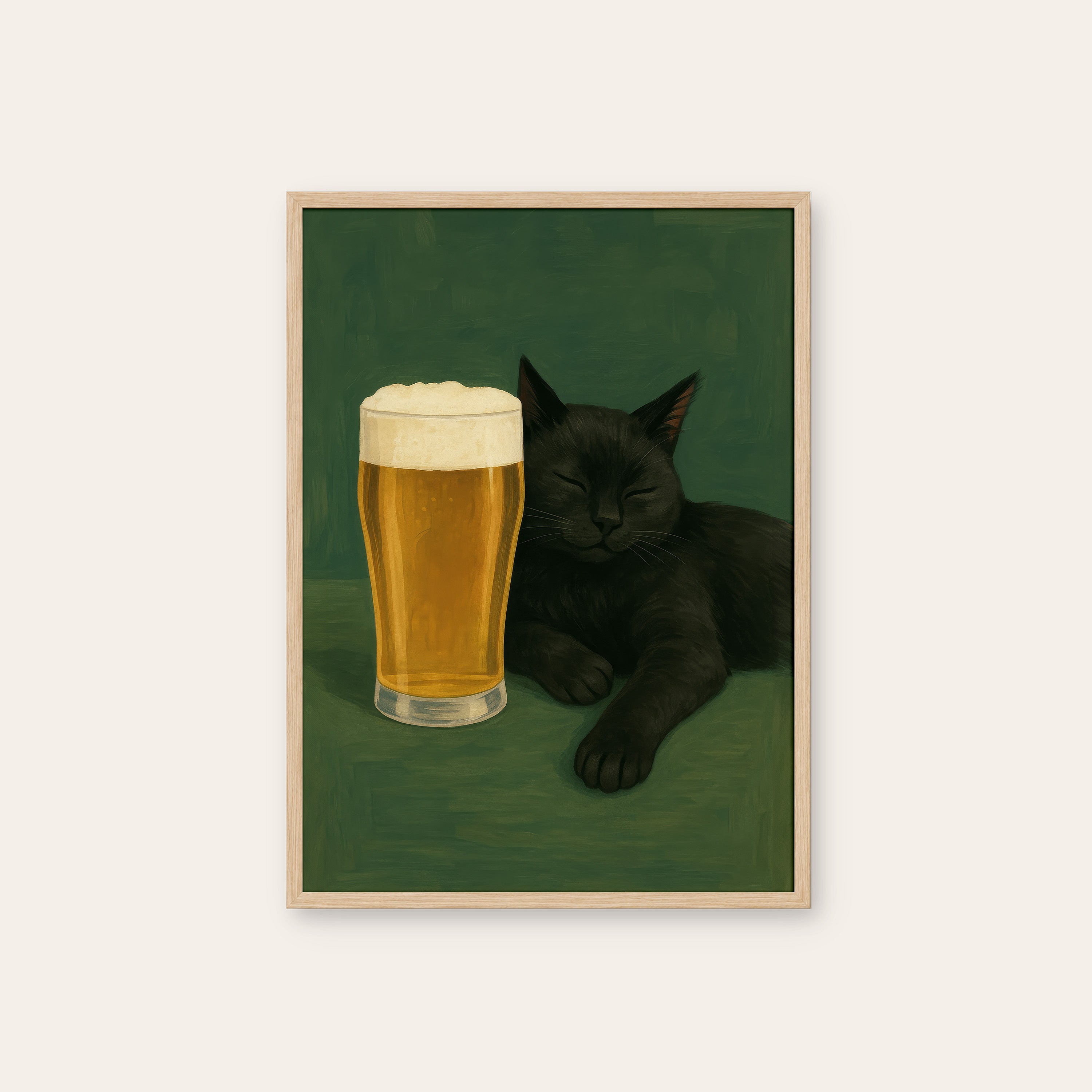 Beer & the Black Cat — Pub Art Print – natural wood frame