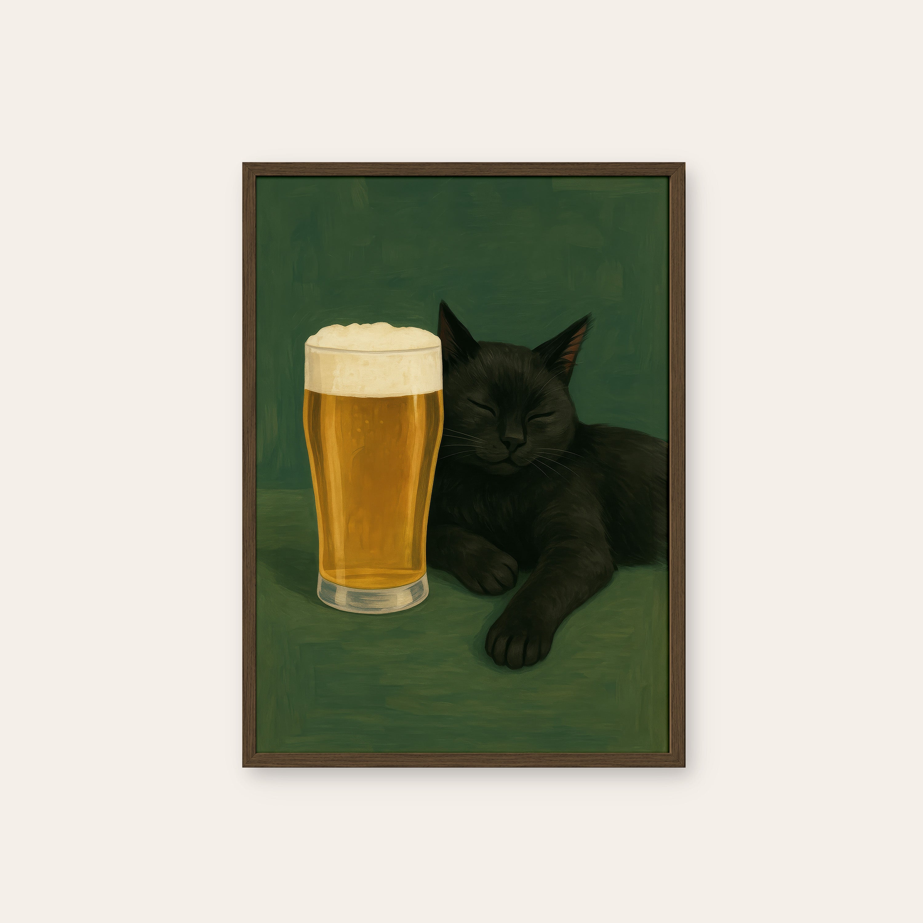 Beer & the Black Cat — Pub Art Print – dark wood frame