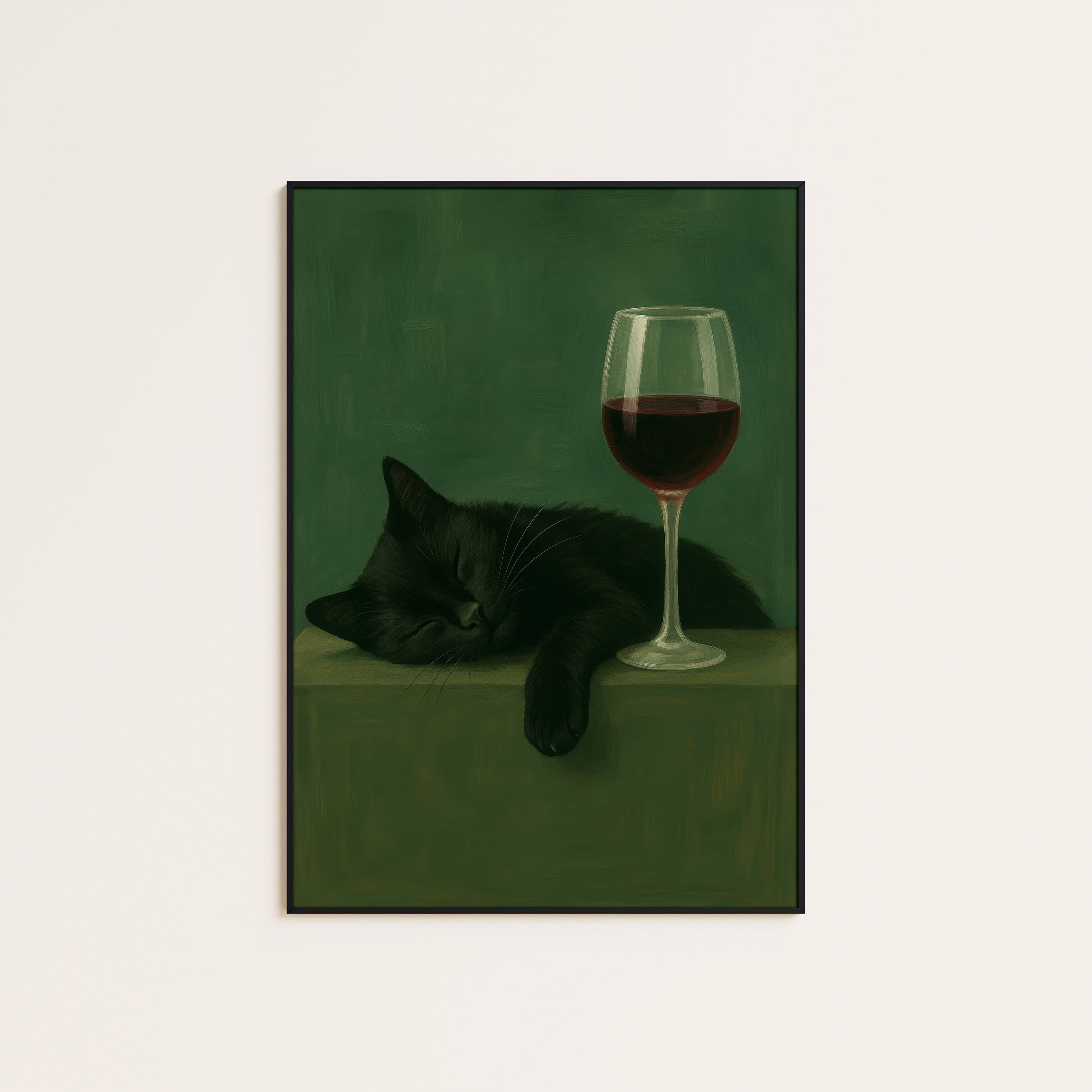 Nightcap Nap — Wine & Cat Print – unframed poster
