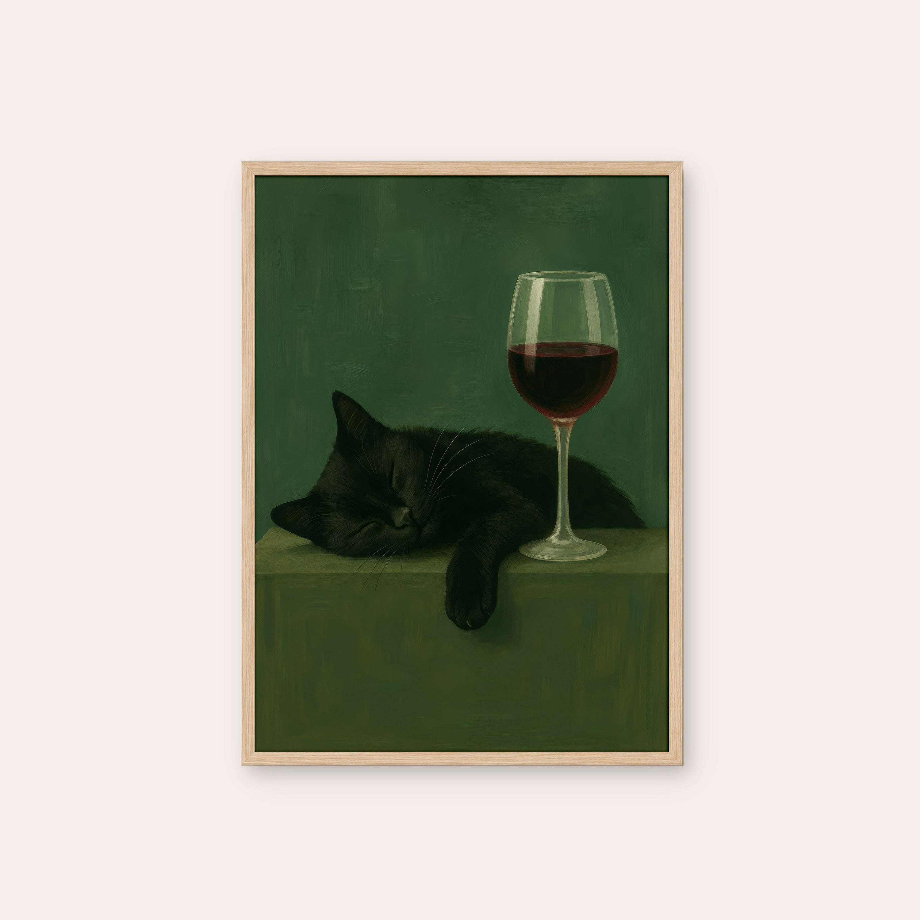 Nightcap Nap — Wine & Cat Print – natural wood frame