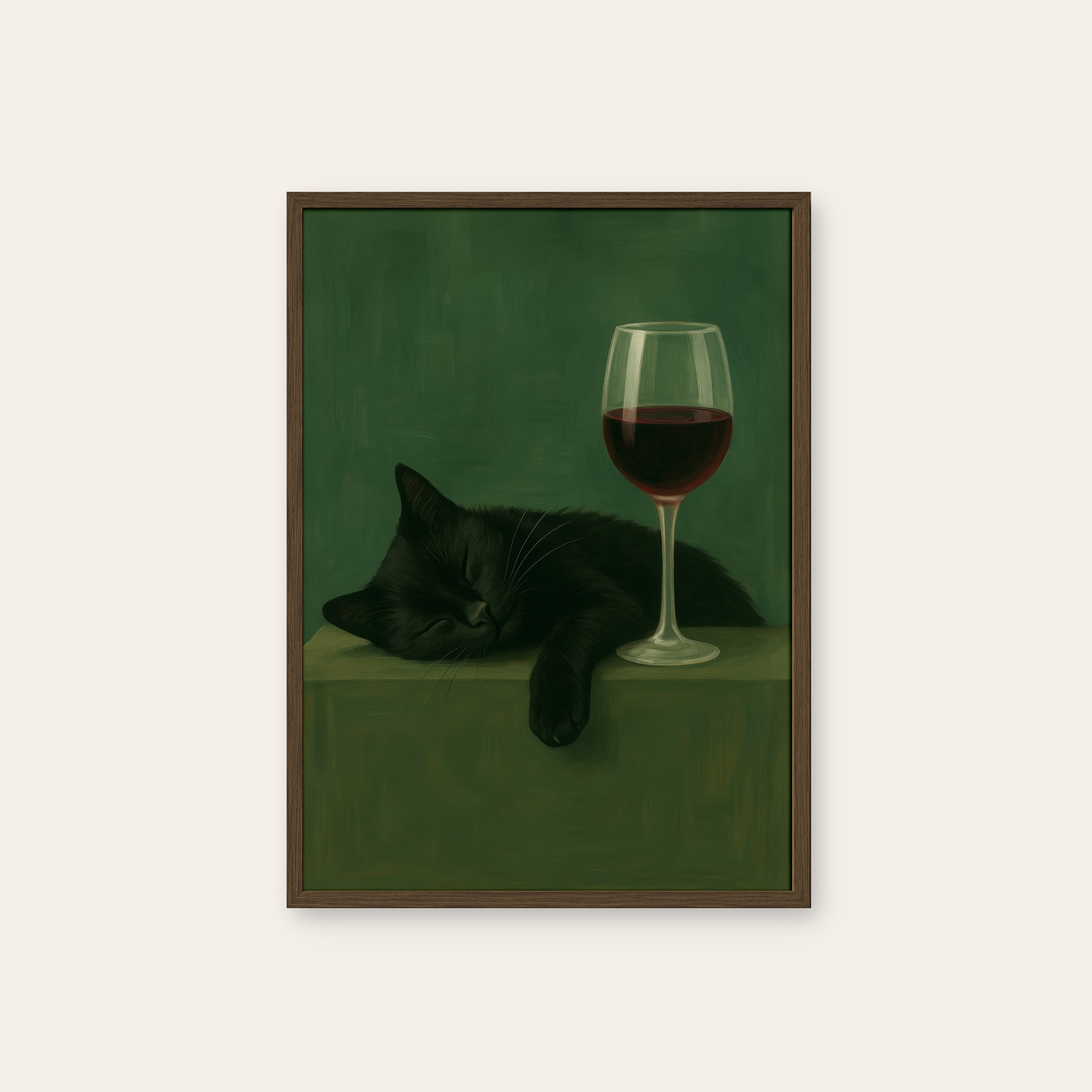 Nightcap Nap — Wine & Cat Print – dark wood frame