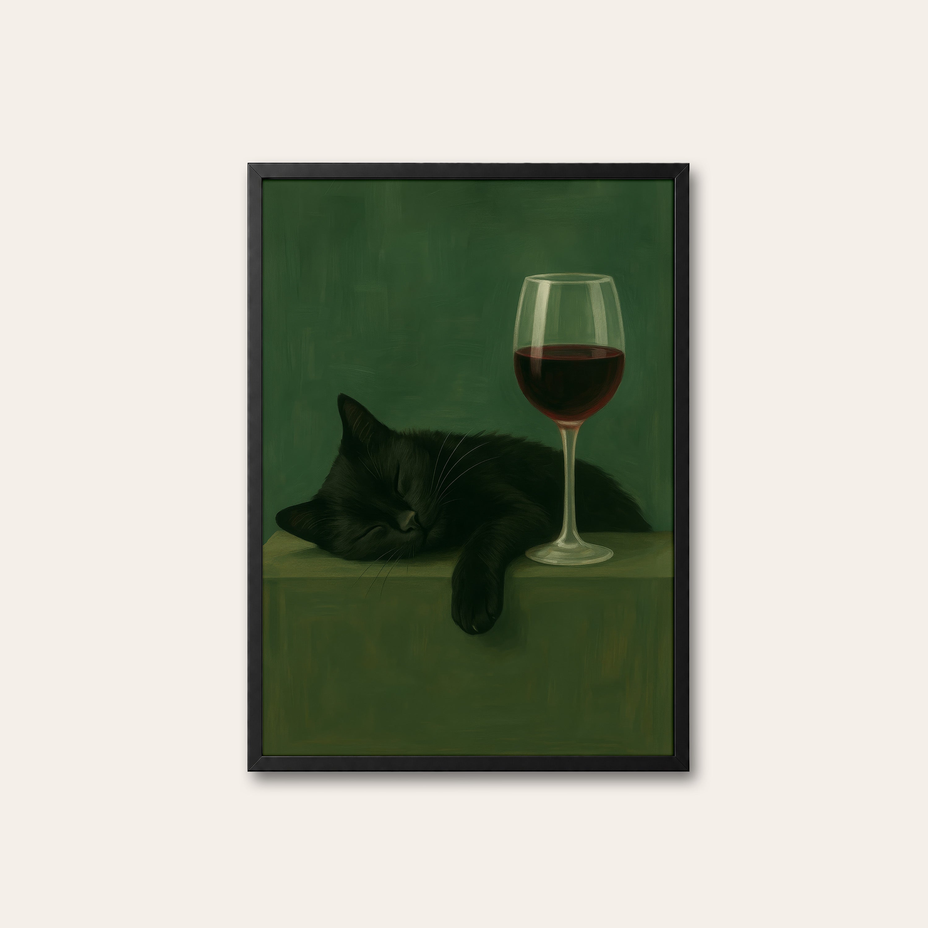 Nightcap Nap — Wine & Cat Print – black frame