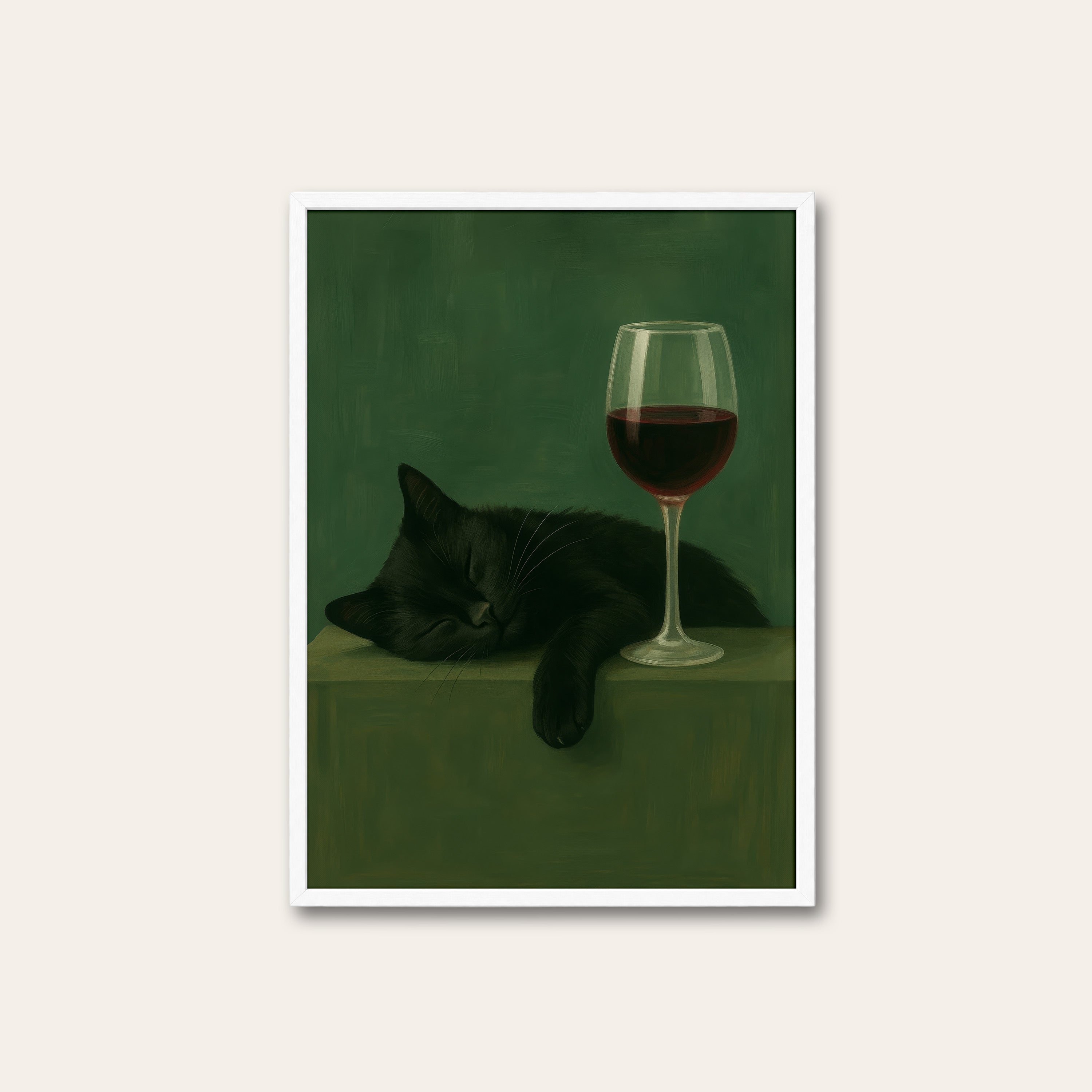 Nightcap Nap — Wine & Cat Print – white frame