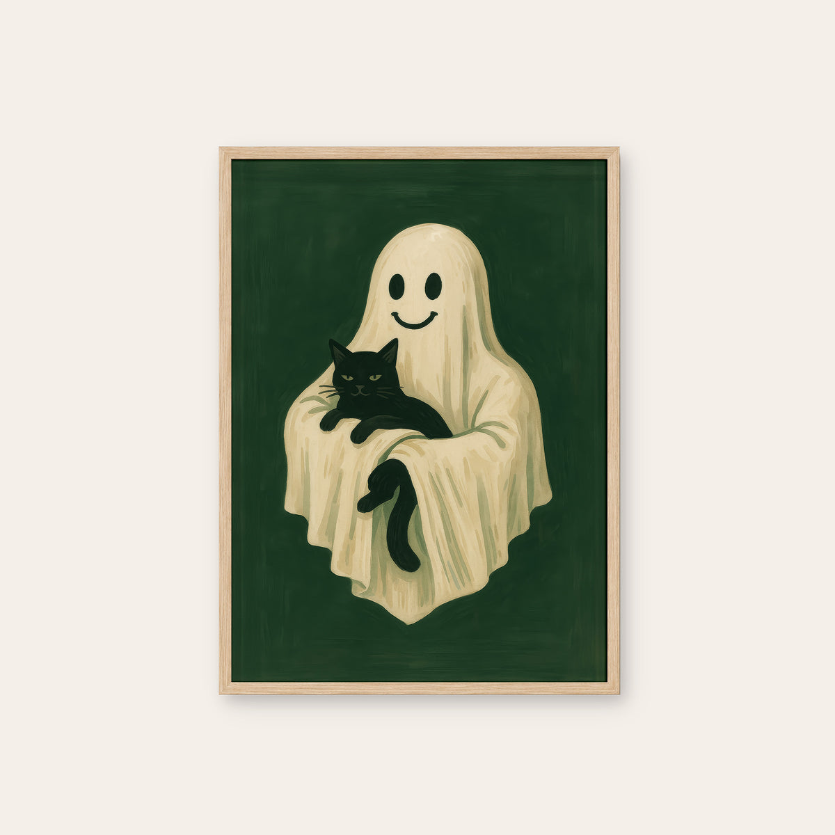 Haunting Plus One - Ghost and Cat Print - natural wood frame