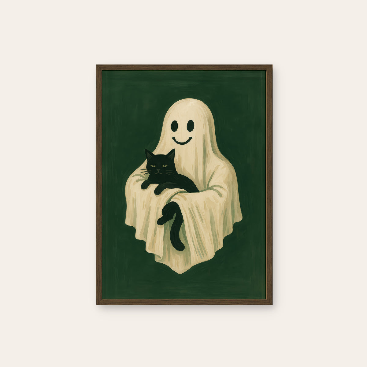 Haunting Plus One - Ghost and Cat Print - dark wood frame
