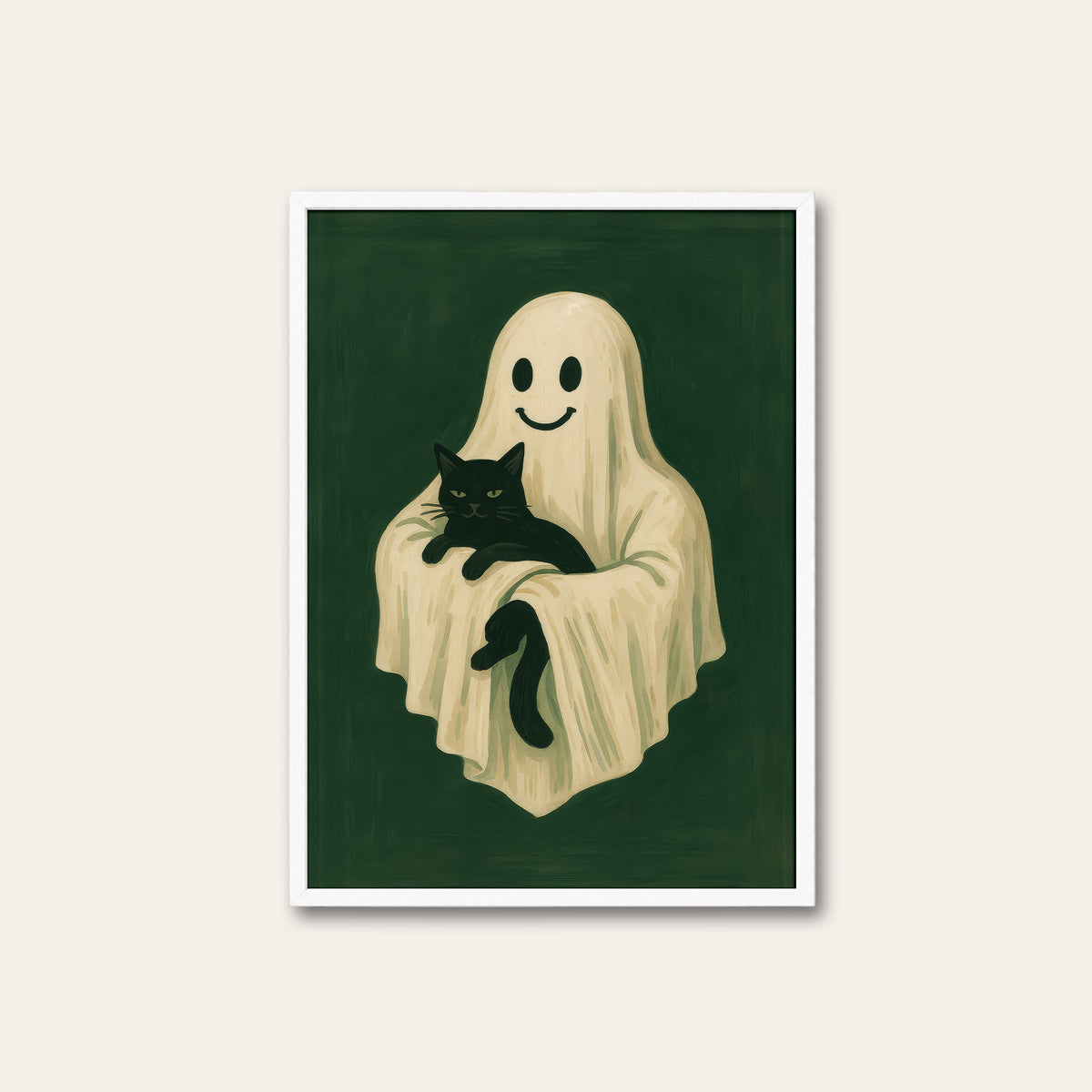 Haunting Plus One - Ghost and Cat Print - white frame