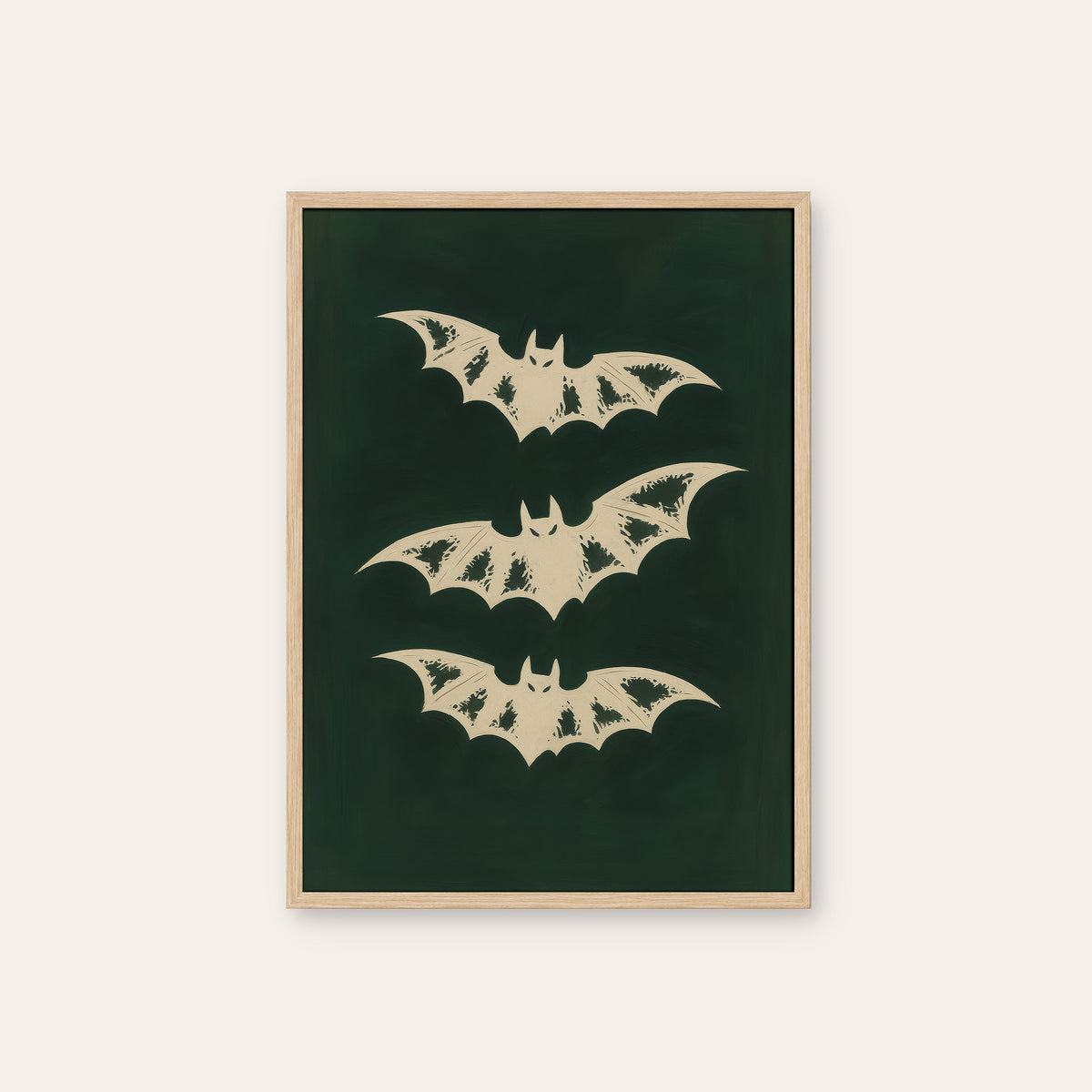 Night Shift - Three Bats Print - natural wood frame