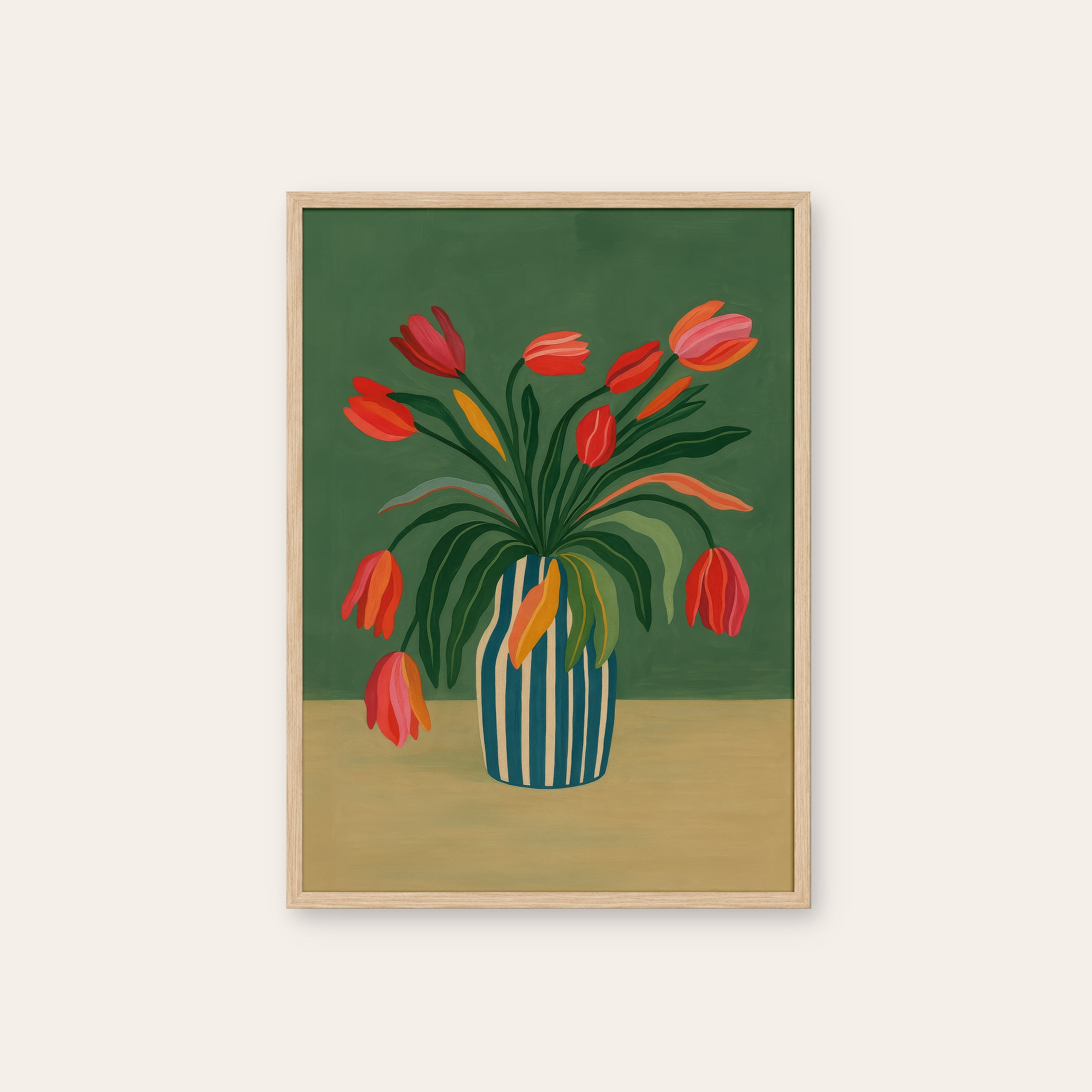 Tulip Riot — Striped Vase Print – natural wood frame