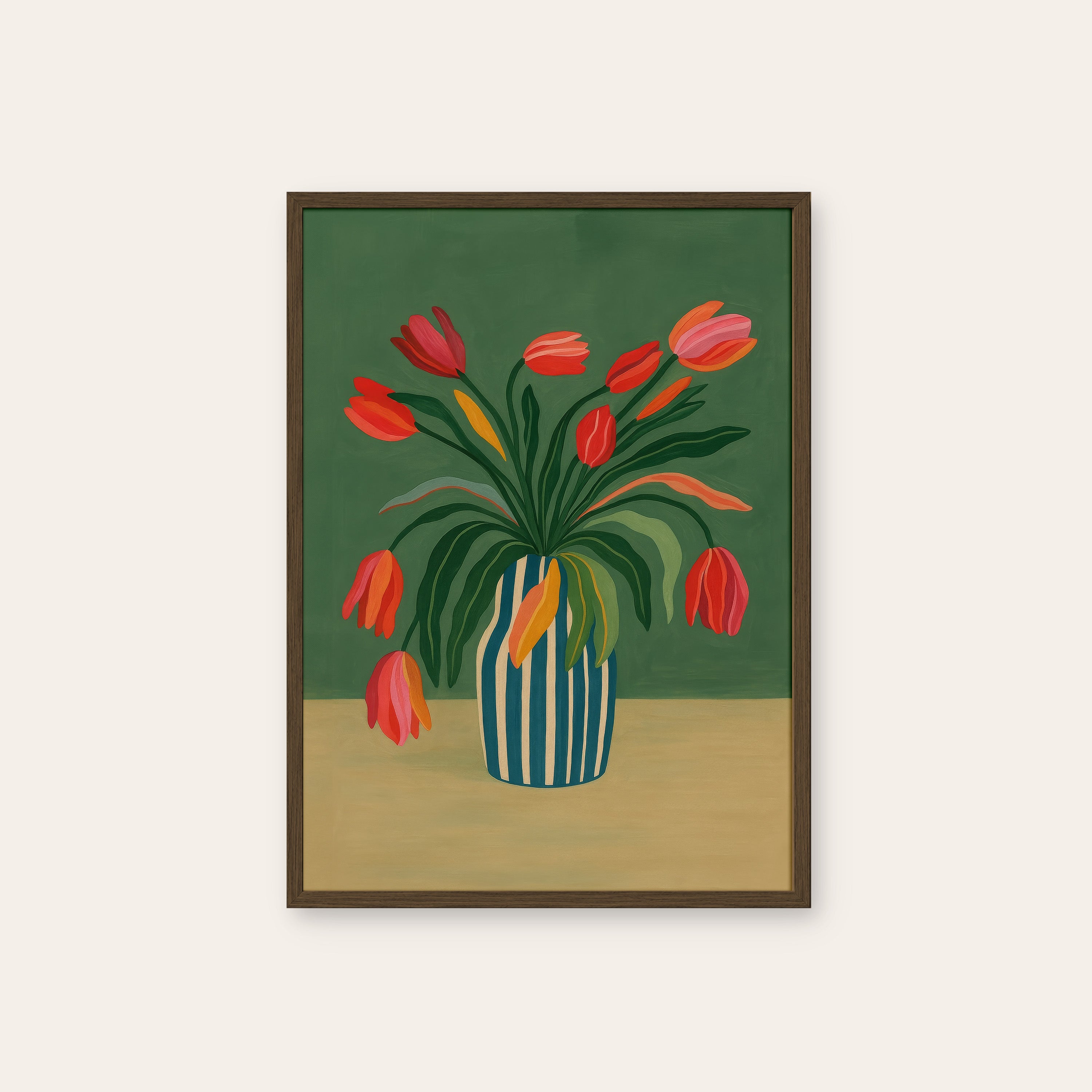 Tulip Riot — Striped Vase Print – dark wood frame