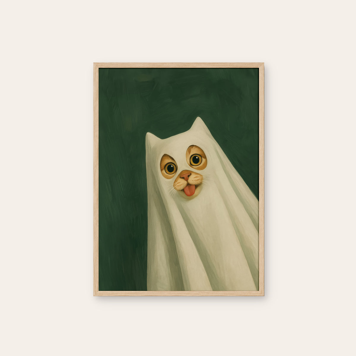 Incognito Cat - Ghost Costume Print - natural wood frame