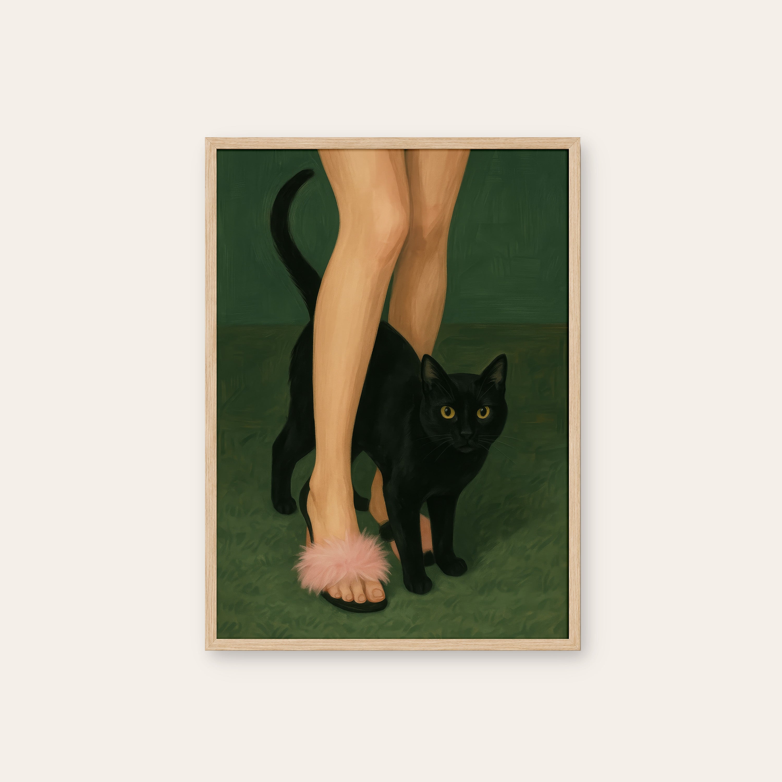 Fluffy Slippers & the Cat — Print – natural wood frame
