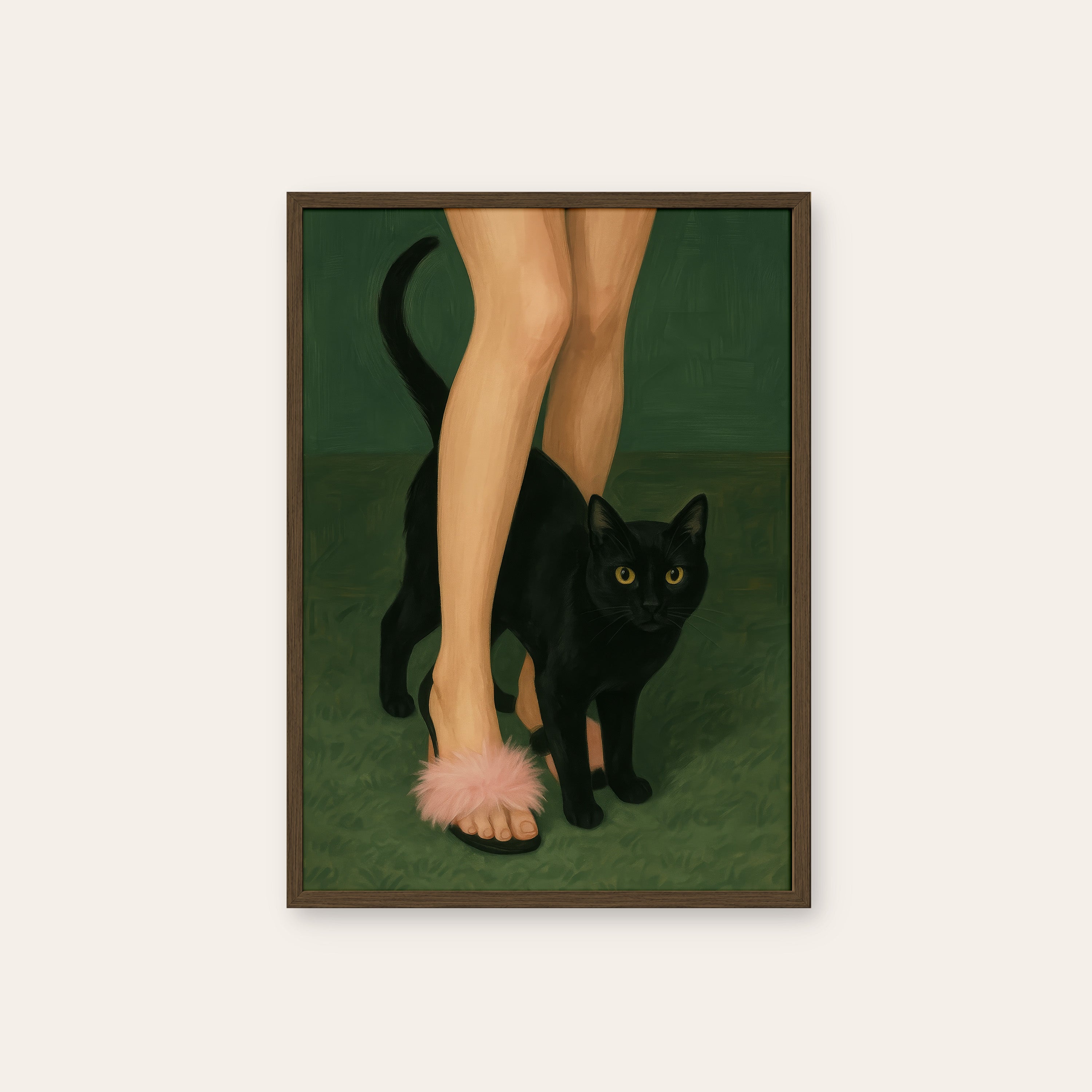 Fluffy Slippers & the Cat — Print – dark wood frame