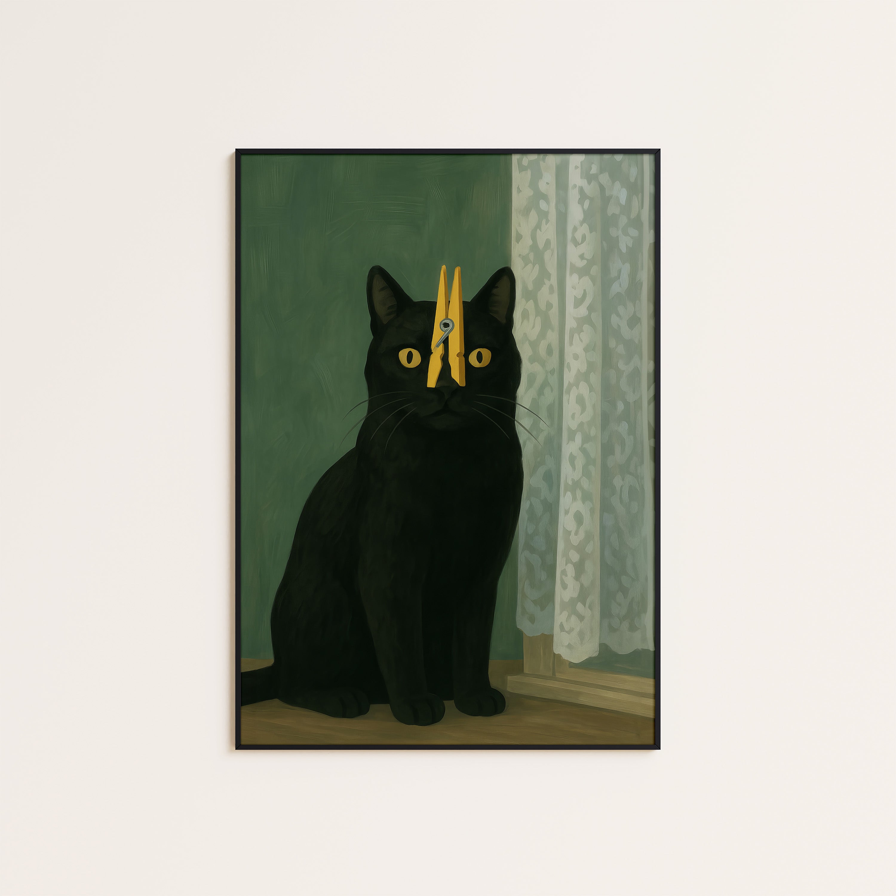 Clipped — Clothespin Cat Print – unframed poster