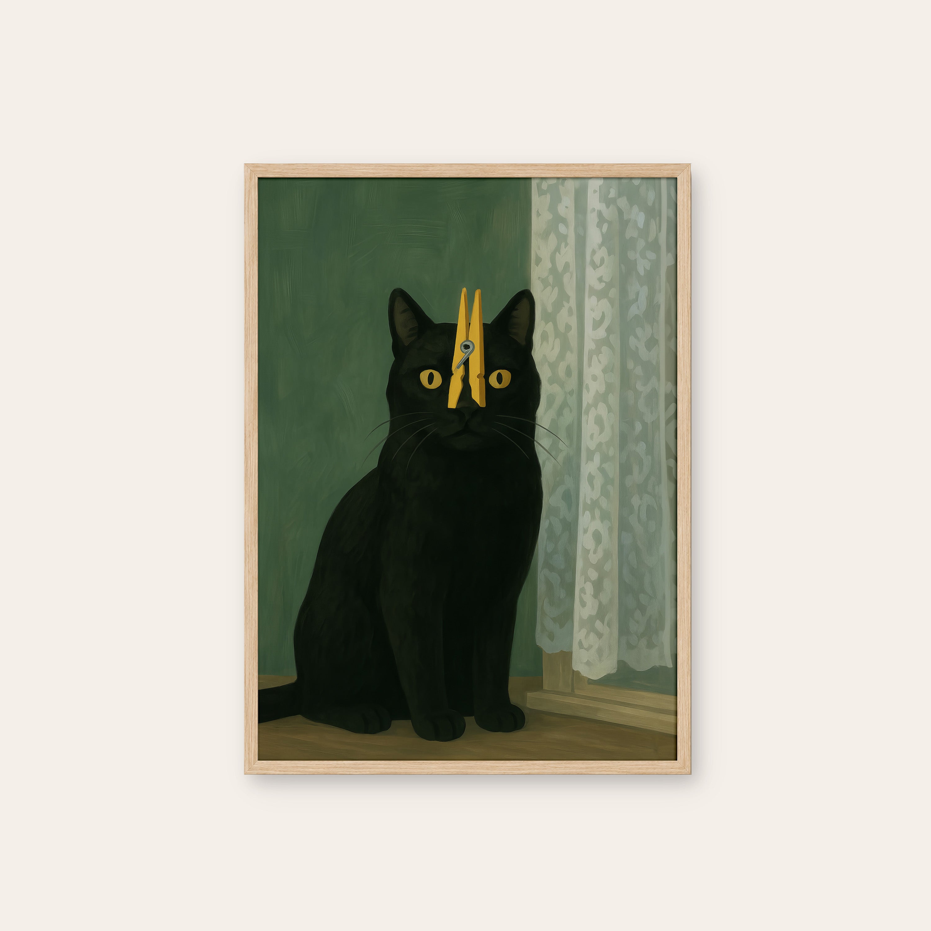 Clipped — Clothespin Cat Print – natural wood frame