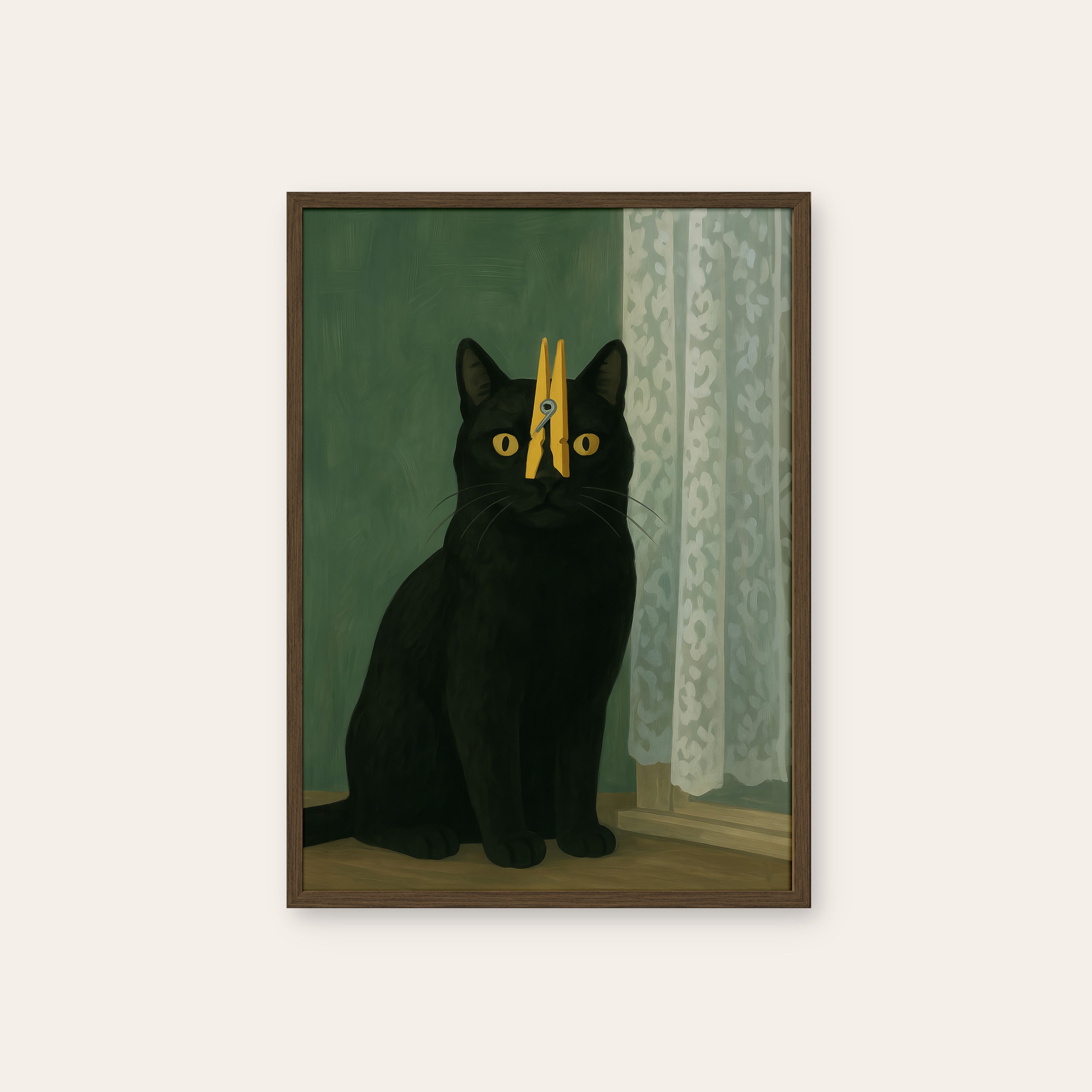 Clipped — Clothespin Cat Print – dark wood frame