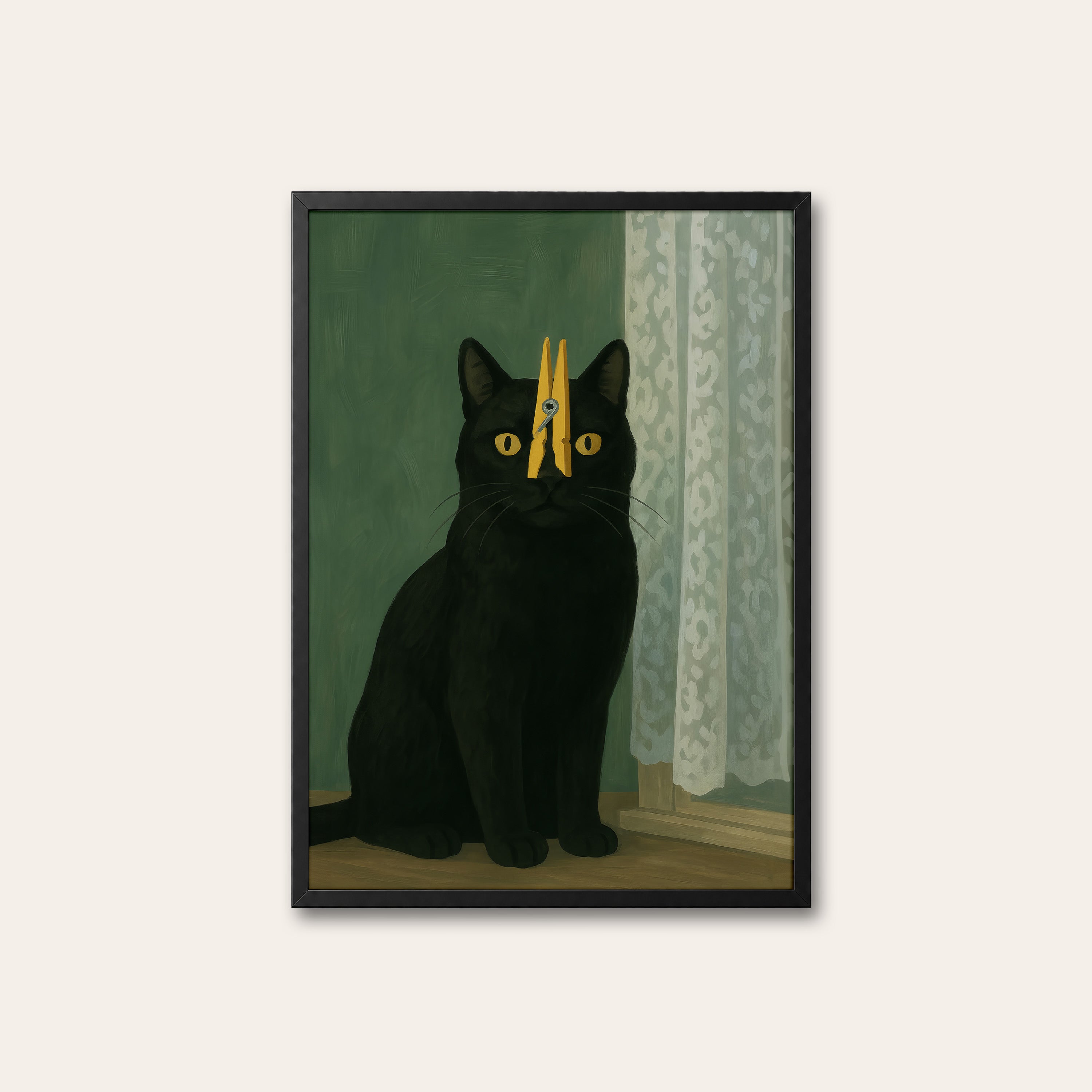 Clipped — Clothespin Cat Print – black frame
