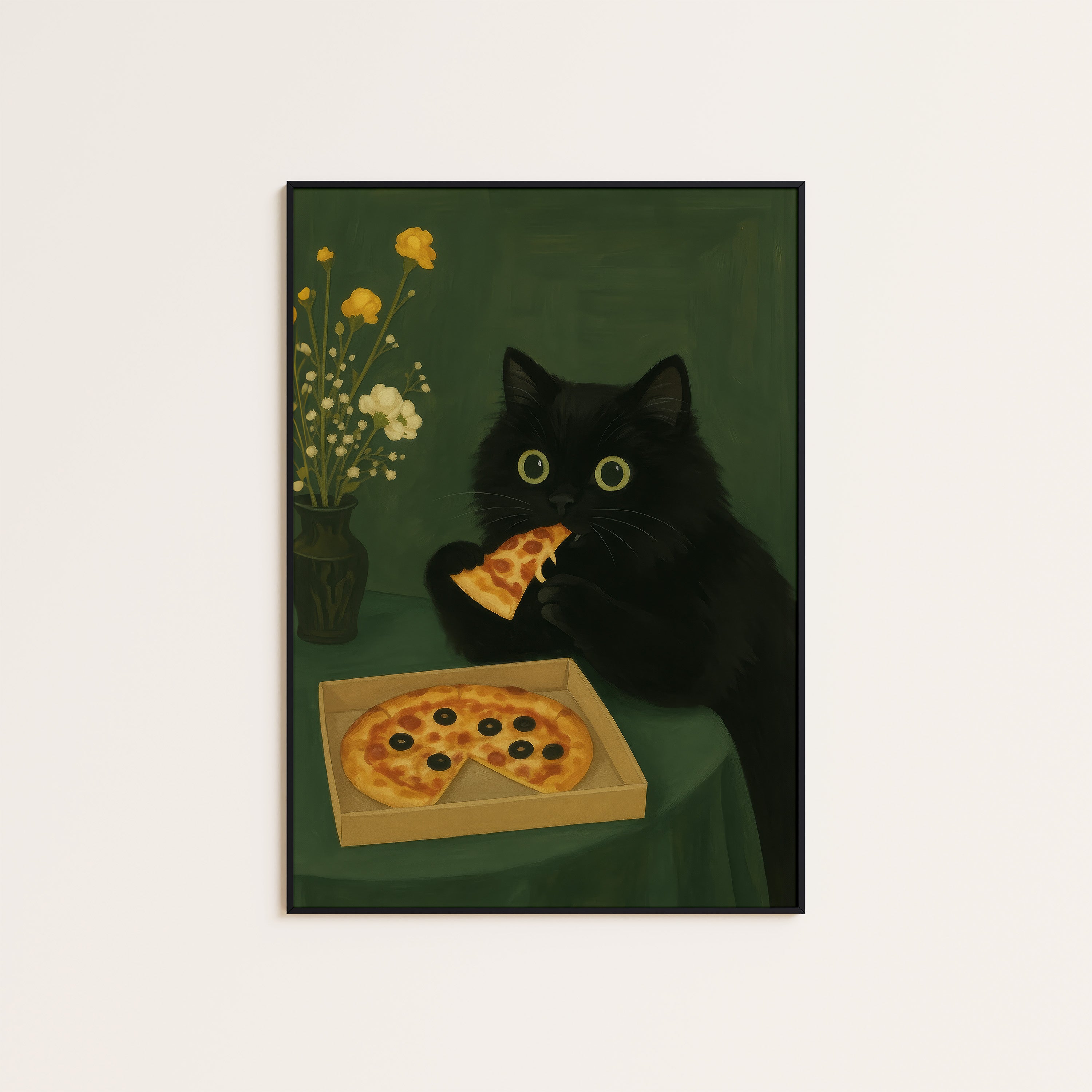 Pizza Night — Black Cat Print – unframed poster