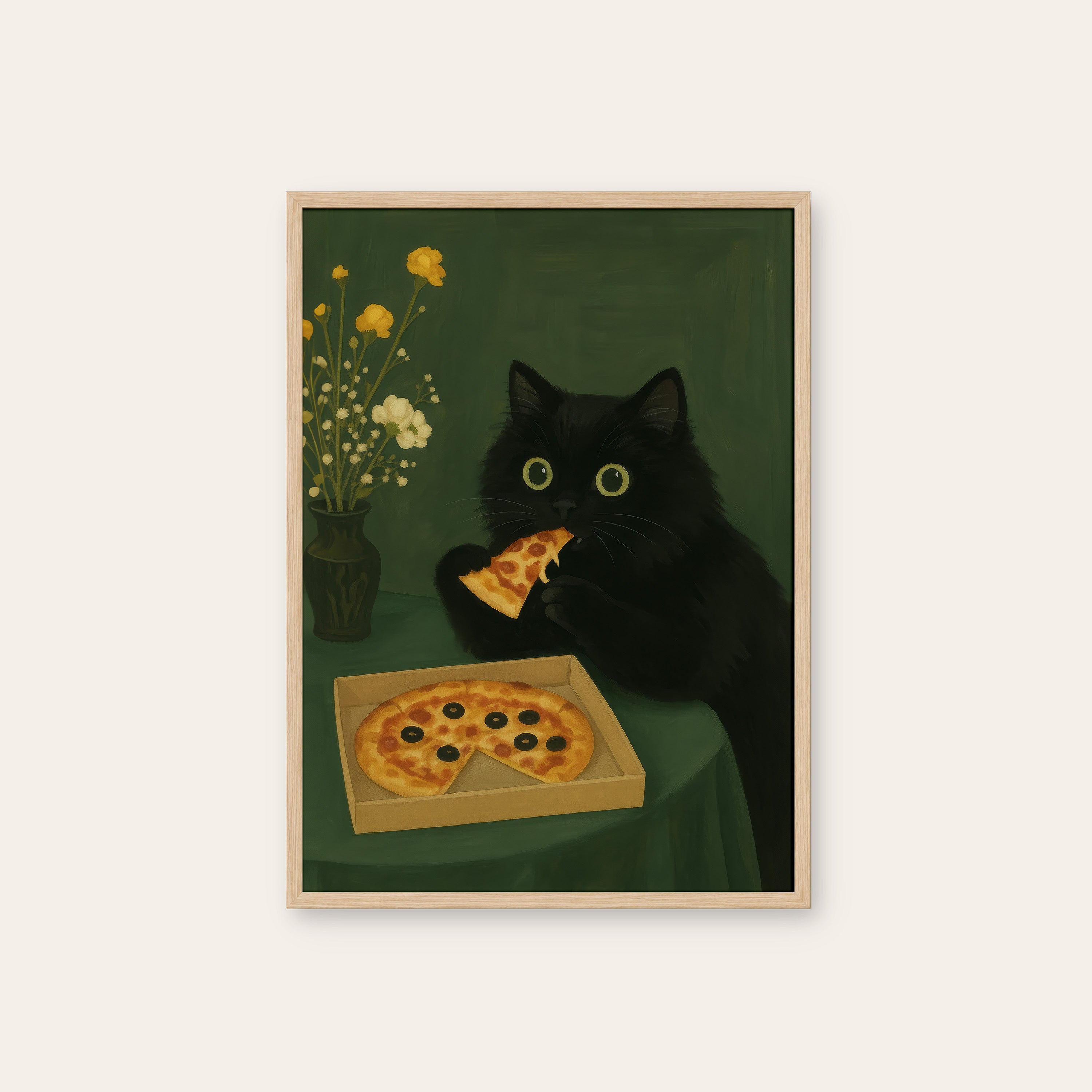 Pizza Night — Black Cat Print – natural wood frame