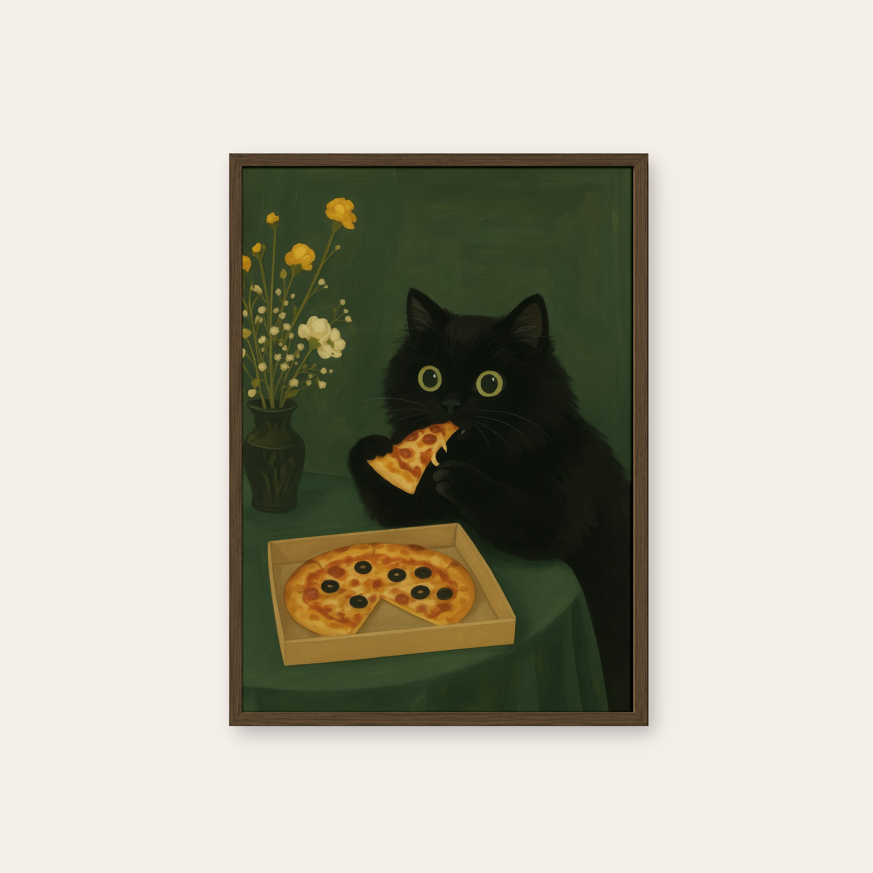 Pizza Night — Black Cat Print – dark wood frame