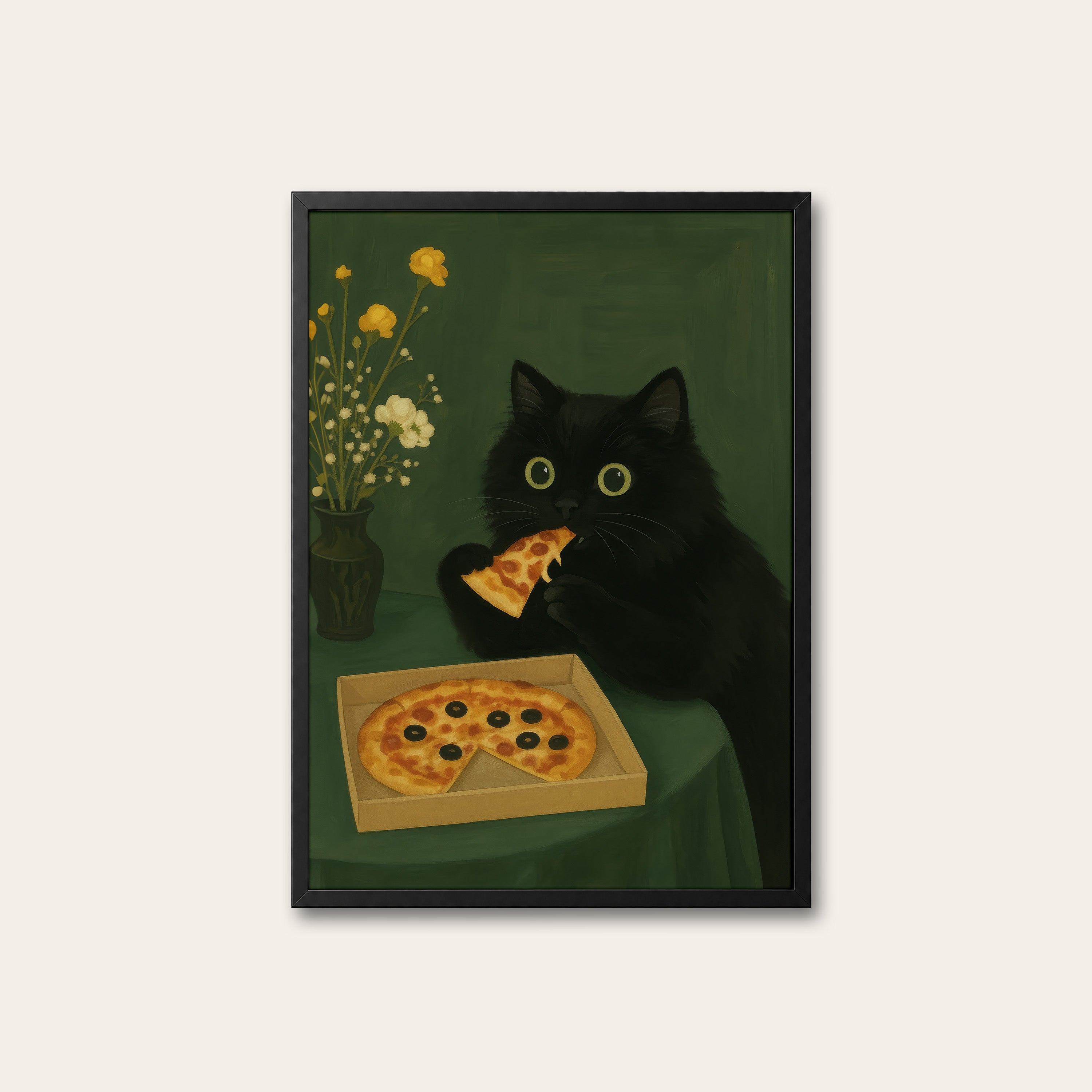 Pizza Night — Black Cat Print – black frame