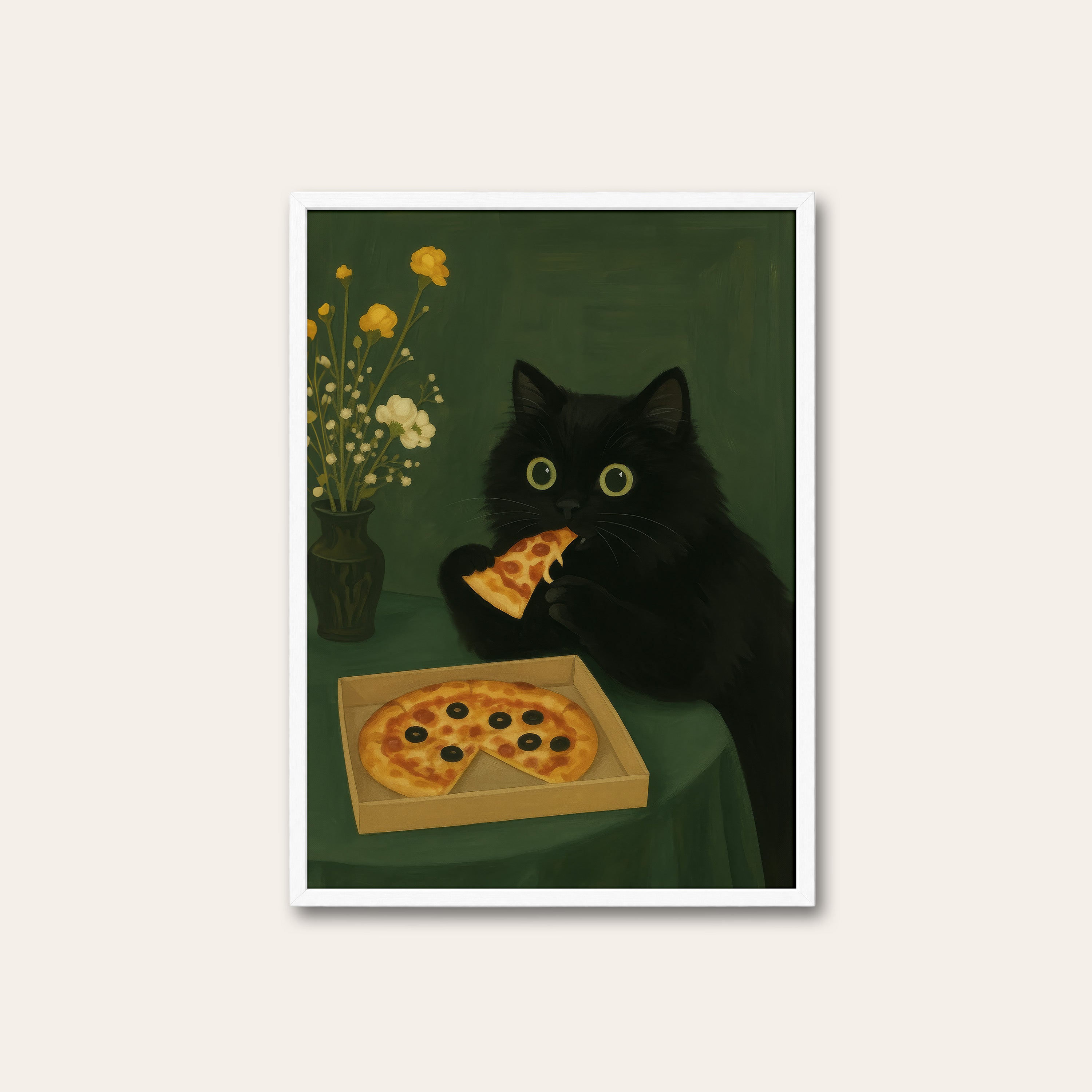 Pizza Night — Black Cat Print – white frame