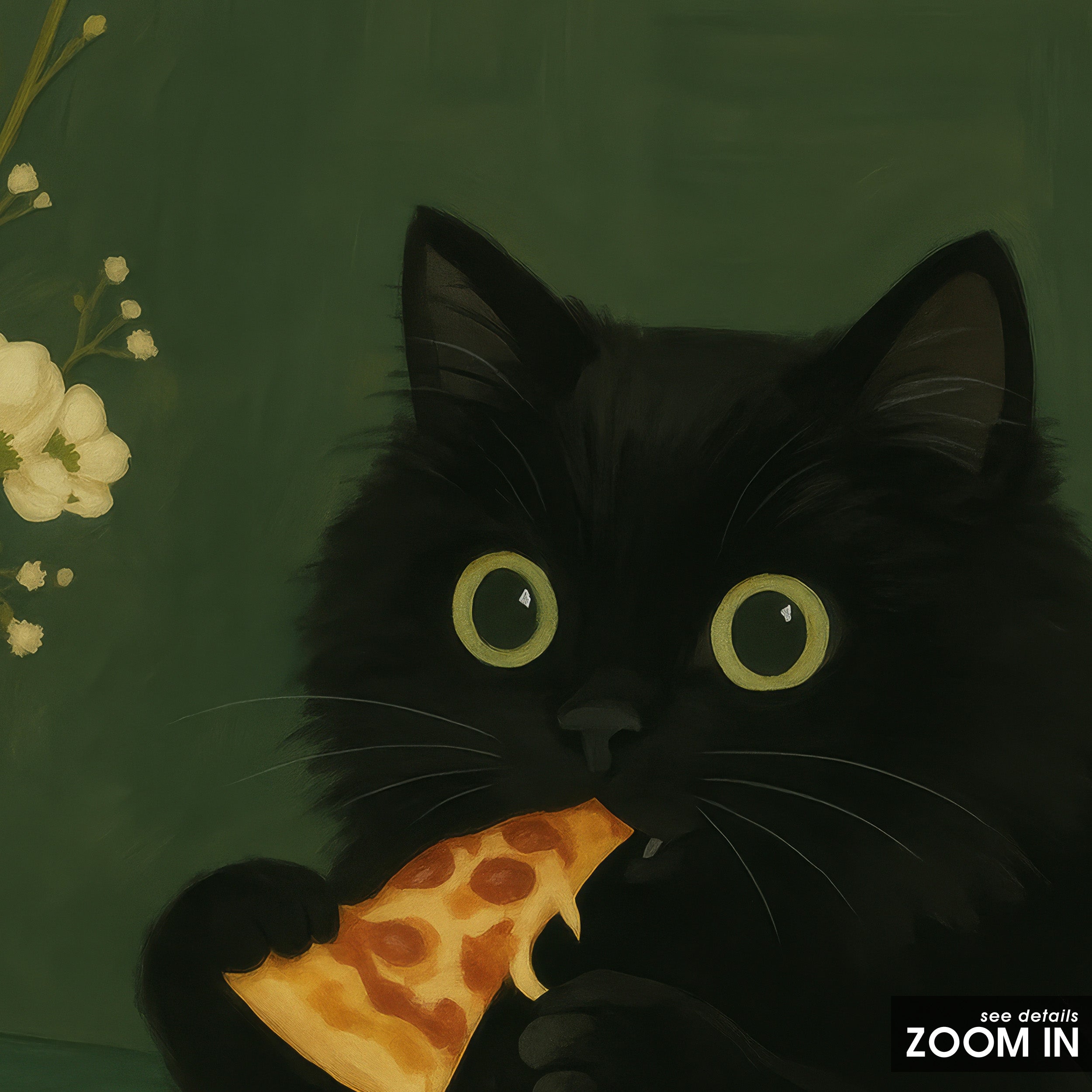 Pizza Night — Black Cat Print – in room setting
