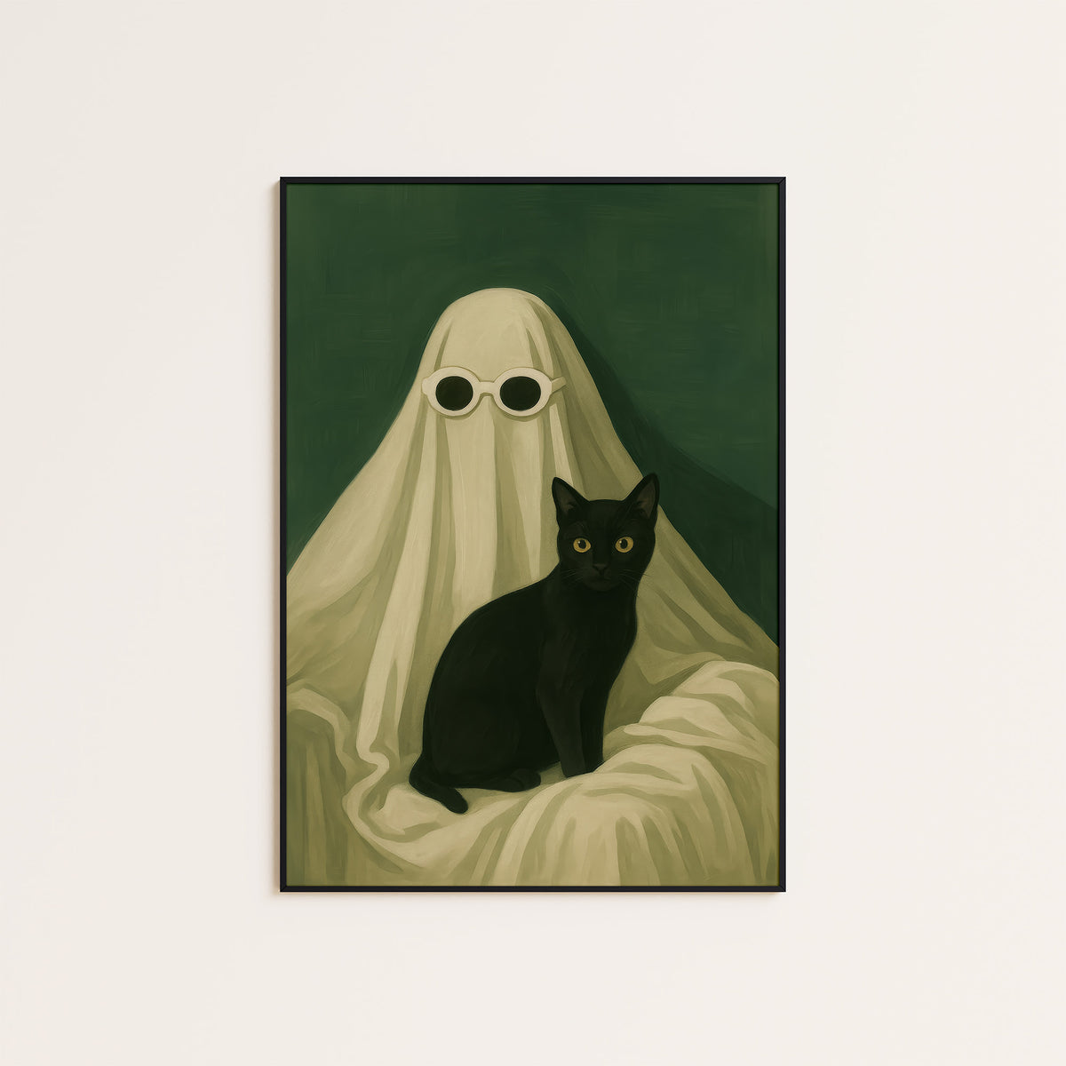 Too Cool to Haunt - Ghost and Cat Print - framed artwork overview