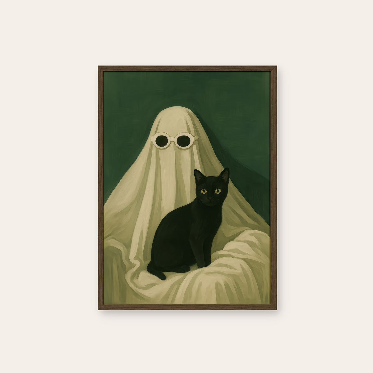 Too Cool to Haunt - Ghost and Cat Print - dark wood frame