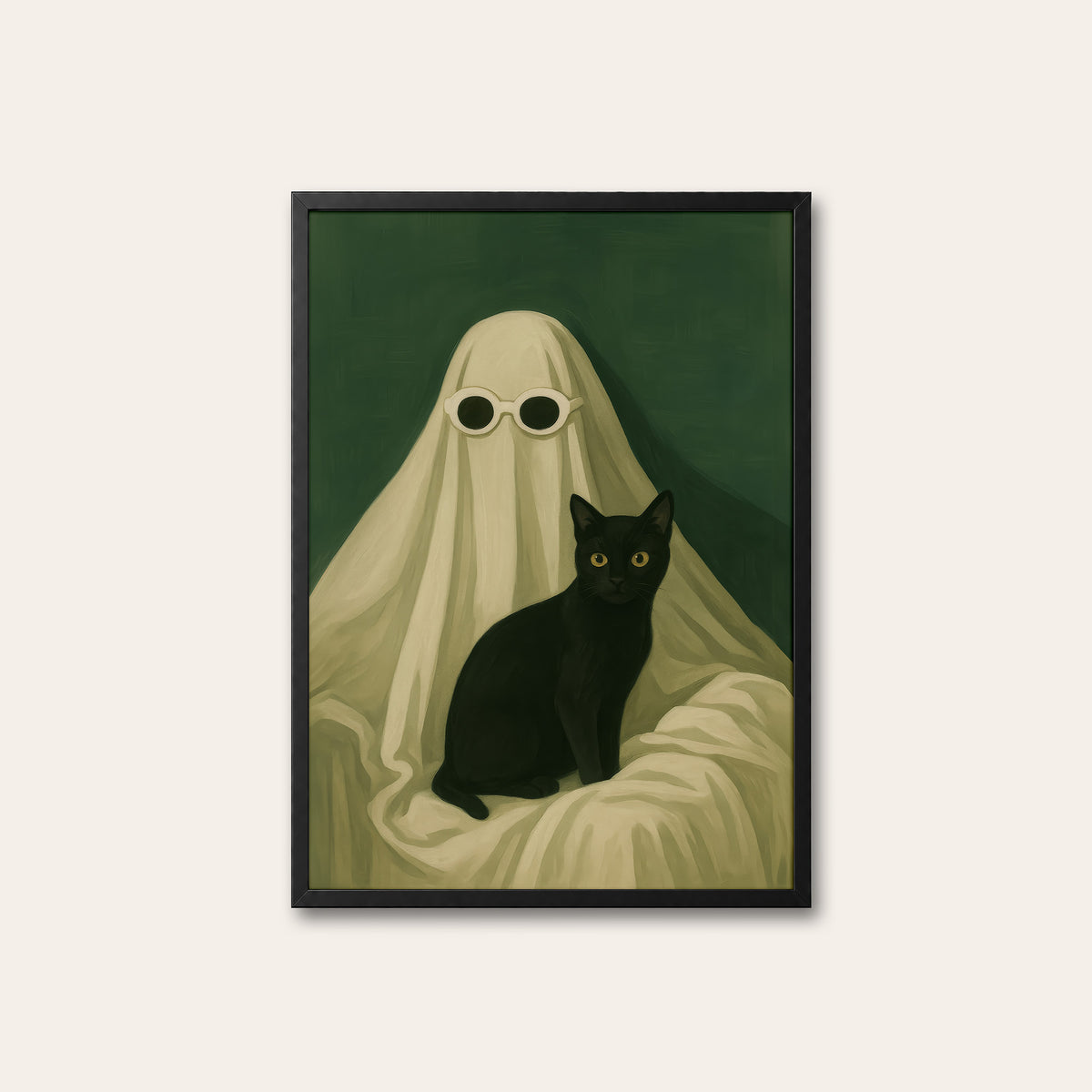 Too Cool to Haunt - Ghost and Cat Print - black frame