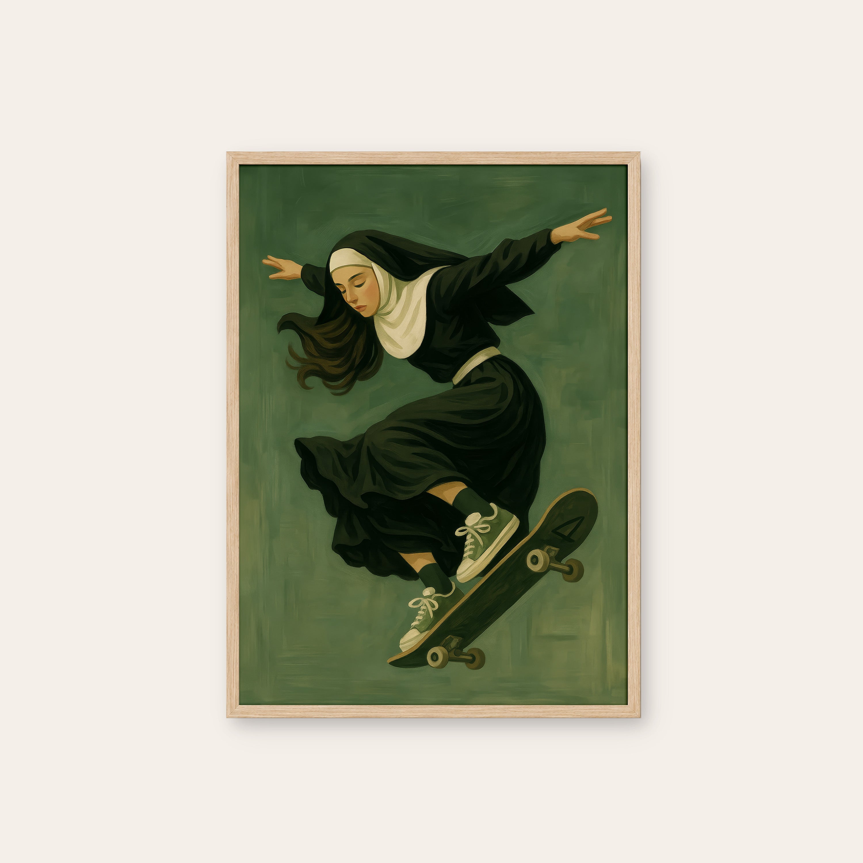 Holy Roller — Skateboarding Nun Print – natural wood frame