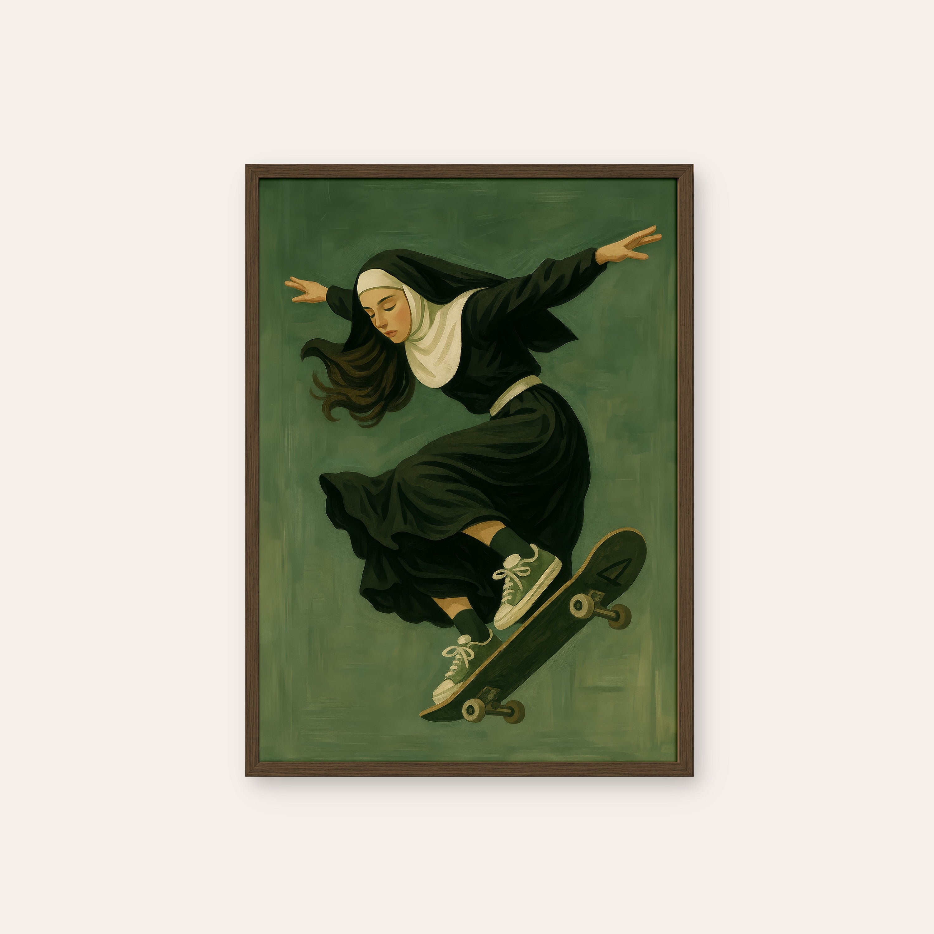 Holy Roller — Skateboarding Nun Print – dark wood frame