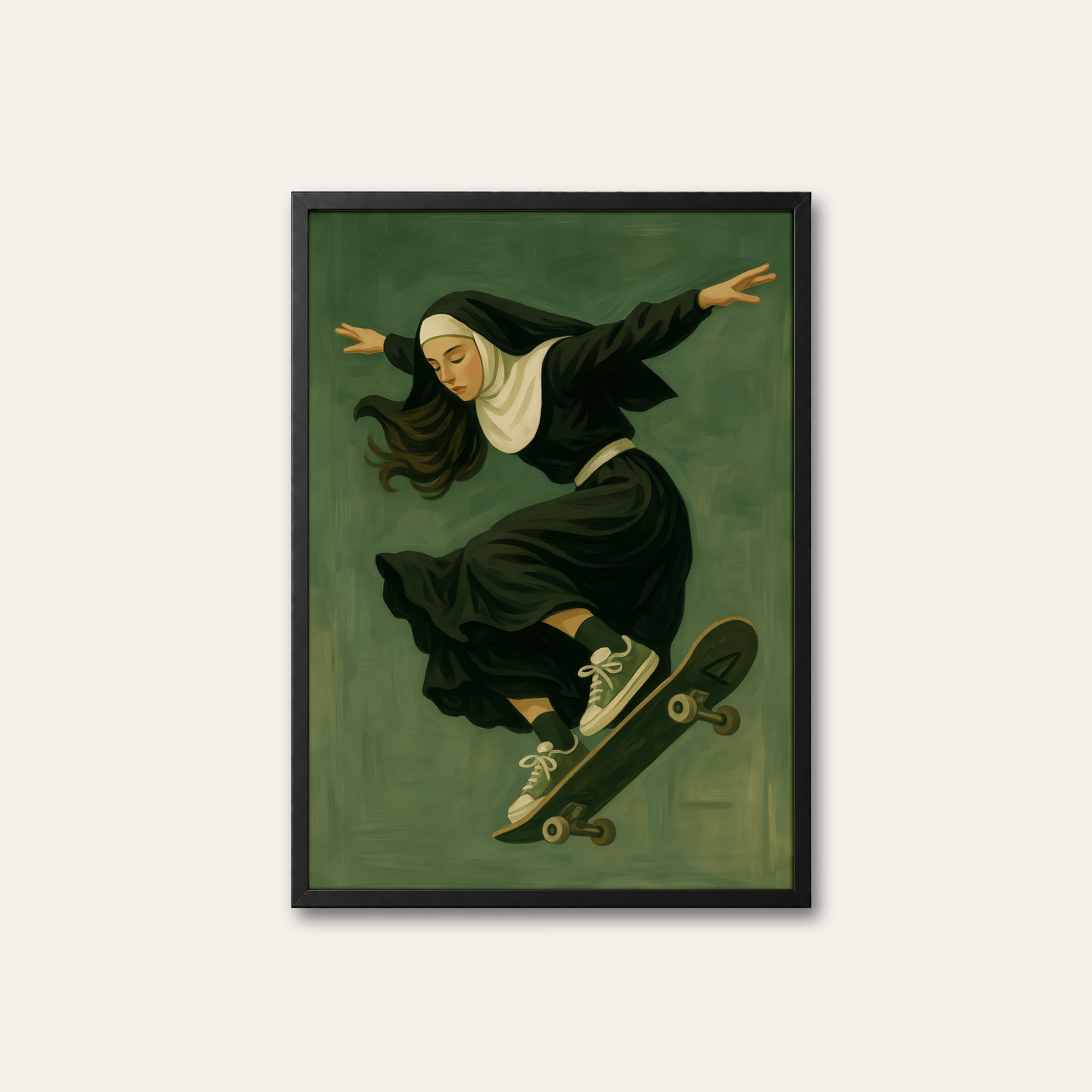 Holy Roller — Skateboarding Nun Print – black frame