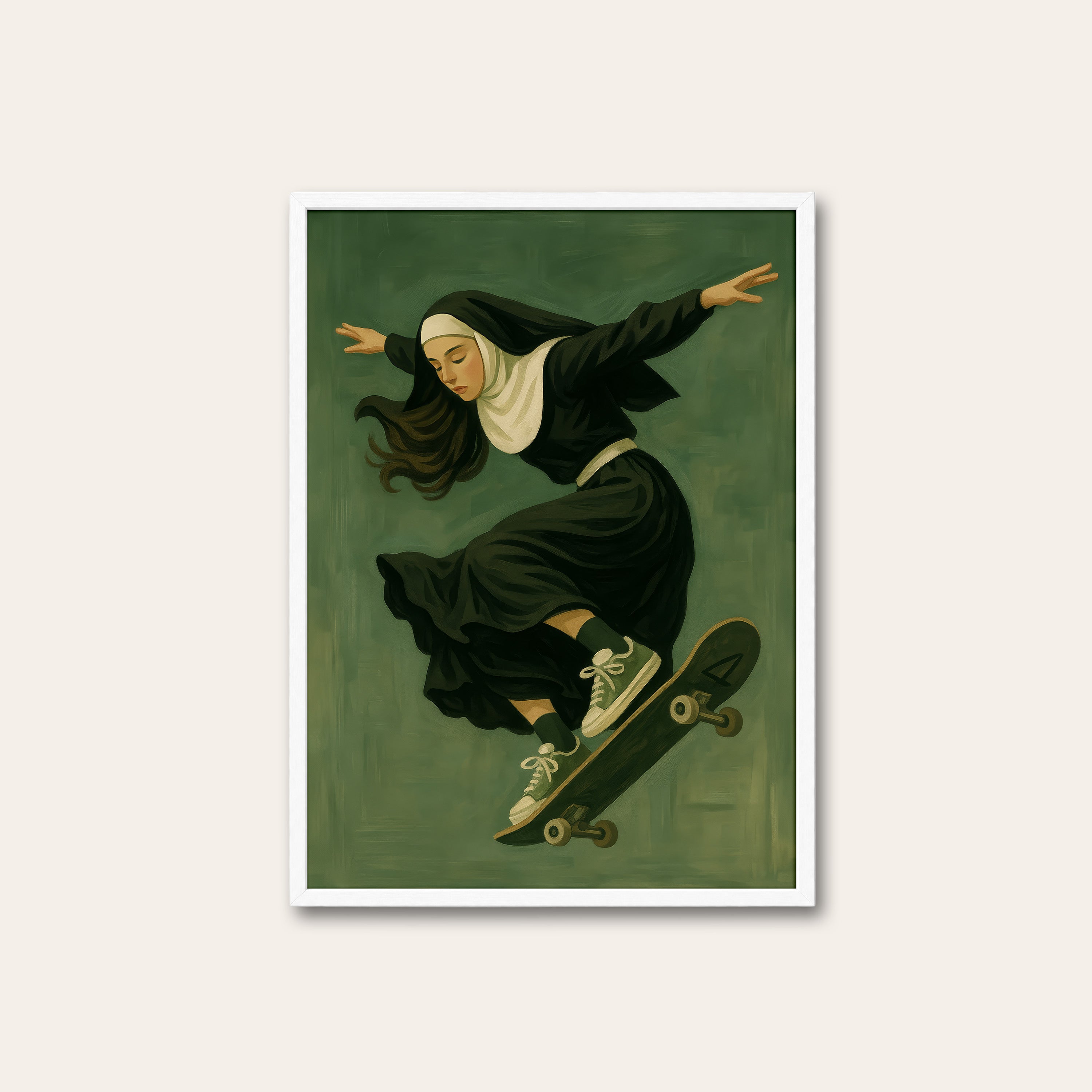 Holy Roller — Skateboarding Nun Print – white frame