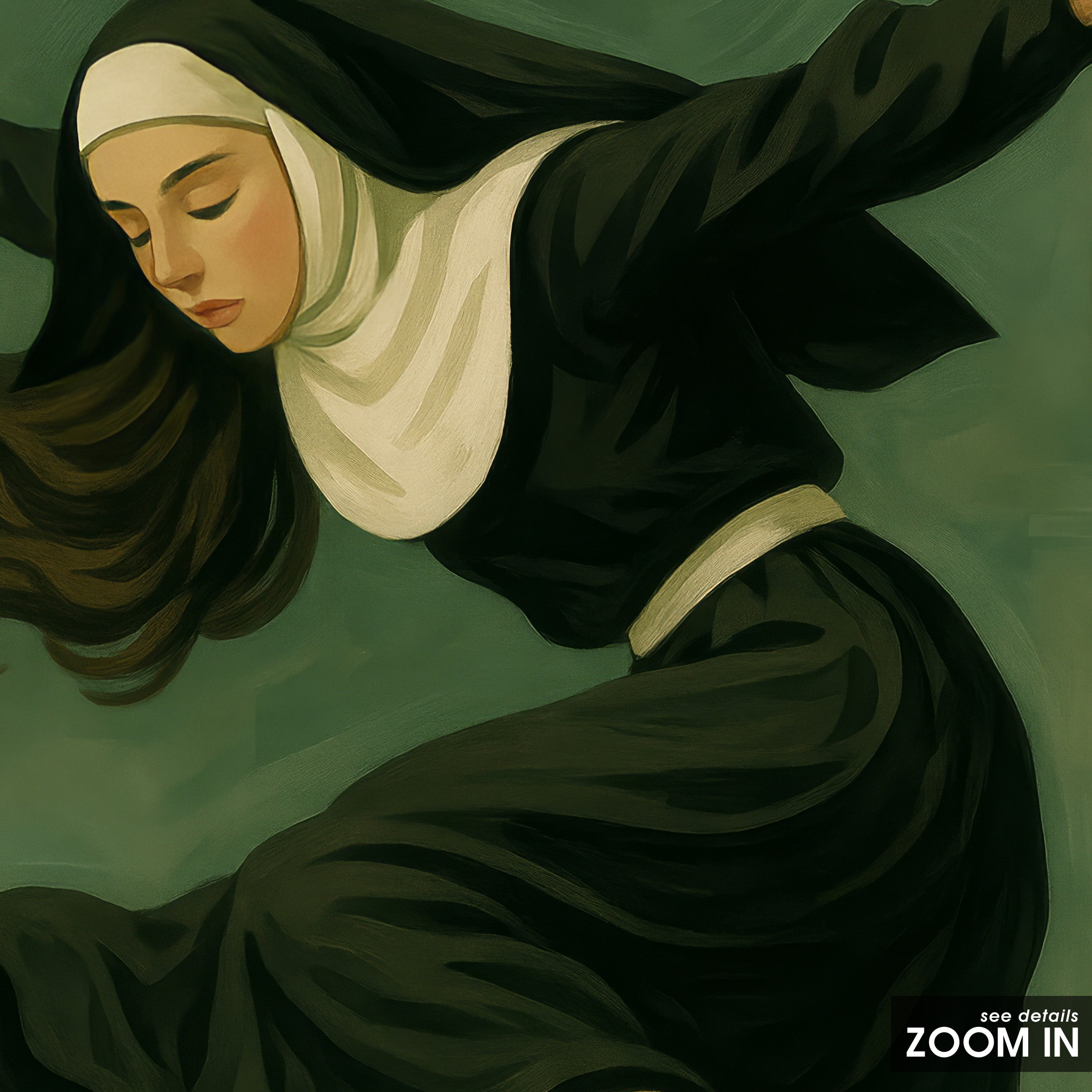 Holy Roller — Skateboarding Nun Print – in room setting